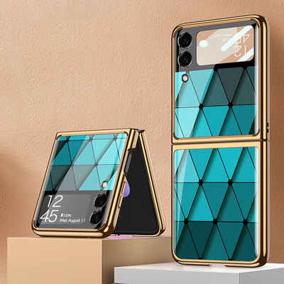 Wigento Handyhülle Für Samsung Galaxy Z Flip3 5G Electroplating Painted Glas Case Hart Cover Handy Tasche Hülle Etuis Diamant Blau