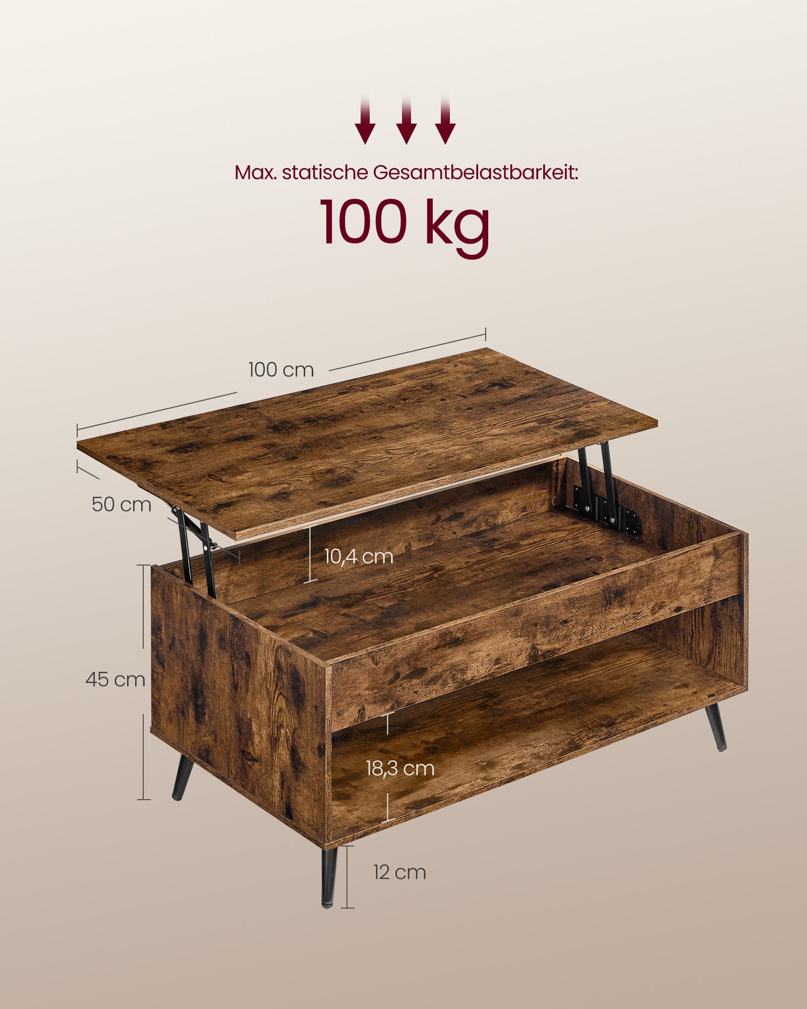 VASAGLE Couchtisch höhenverstellbarer Wohnzimmertisch, für Wohnzimmer, Homeoffice (inkl. Zubehörpaket & Anleitung, aufklappbar), Kaffeetisch, Gaszylinder, verstecktes Fach, offenes Fach