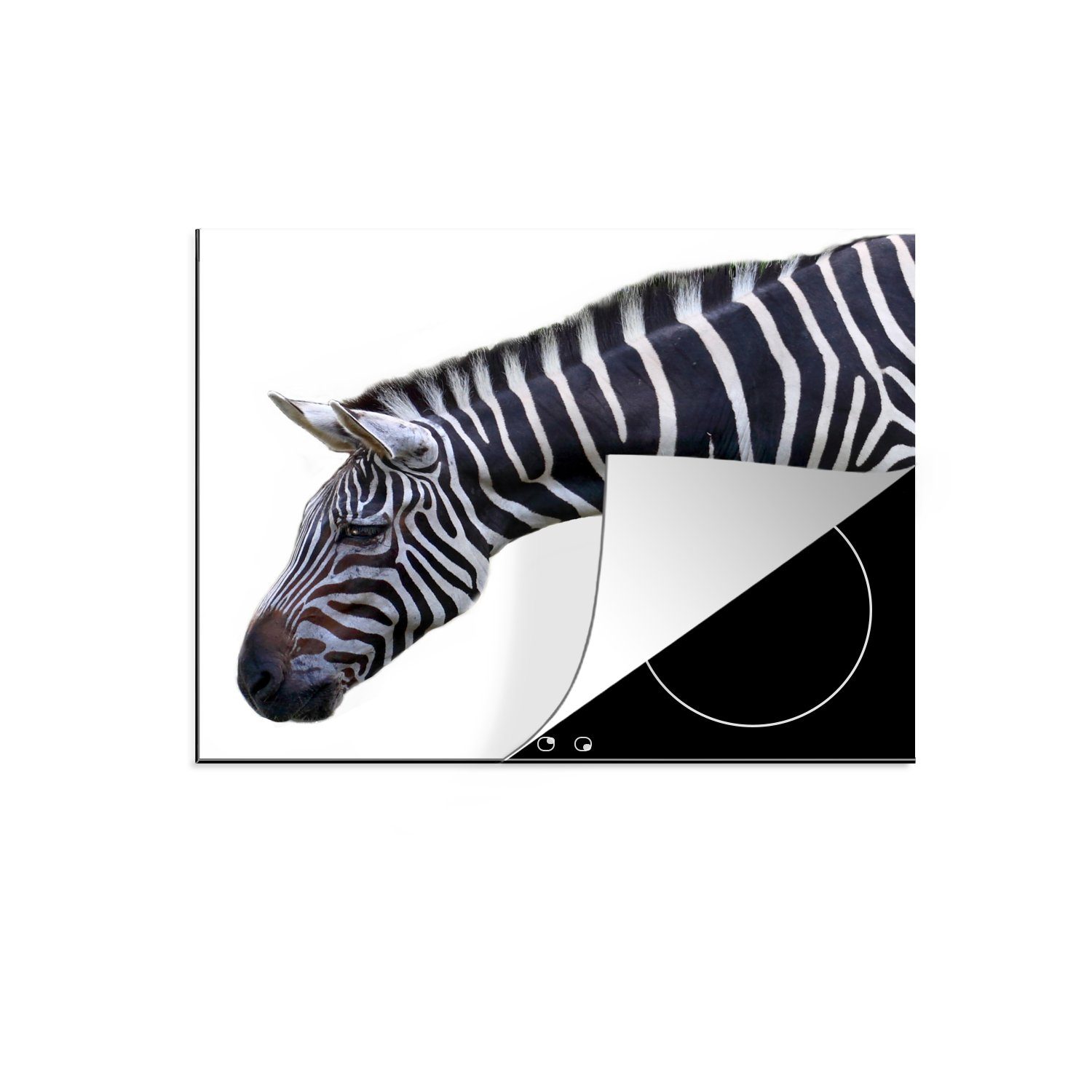 MuchoWow Herdblende-/Abdeckplatte Hals und Kopf eines Zebras auf weißem Hintergrund, Vinyl, (1 tlg), 59x52 cm, Ceranfeldabdeckung für die küche, Induktionsmatte