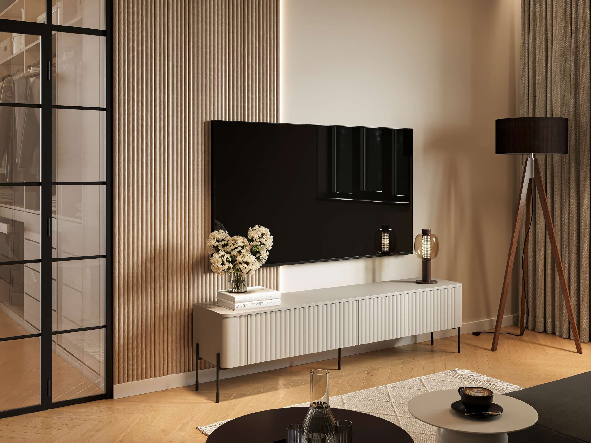 99rooms Lowboard Reva (TV-Kommode, TV-Schrank), mit 4 grifflosen Türen, aus Holzwerkstoff, schwarze Metallfüße