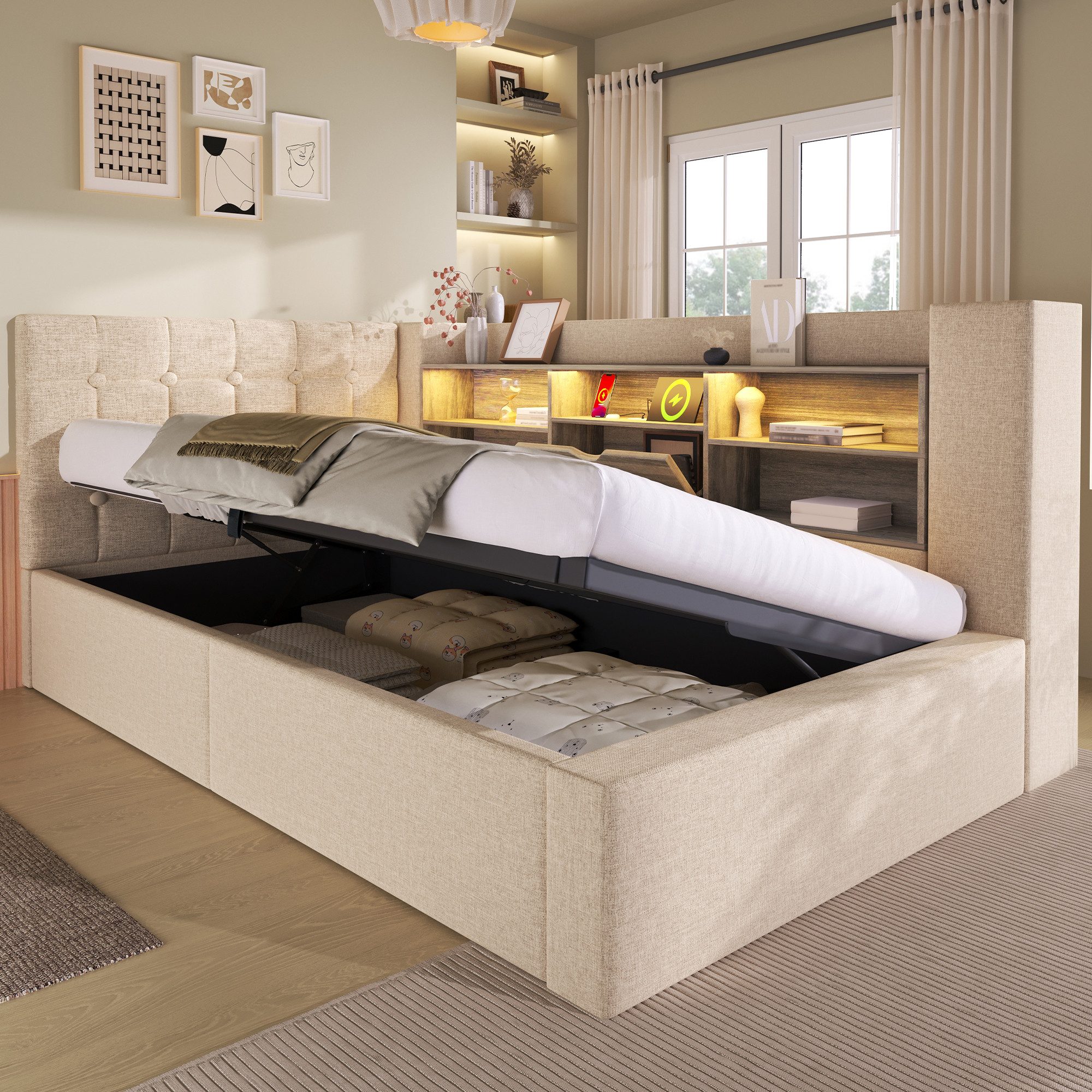 REDOM Polsterbett Stauraumbett mit beleuchtetem L-Kopfteil, hydraulisch (Struraumbett, Funktionsbett, 1-tlg., 90x200 cm, Leinenbezug, Kopfteil beidseitig montierbar), mit LED-Beleuchtung & USB/Type-C Ladestation(ohne Matratze)