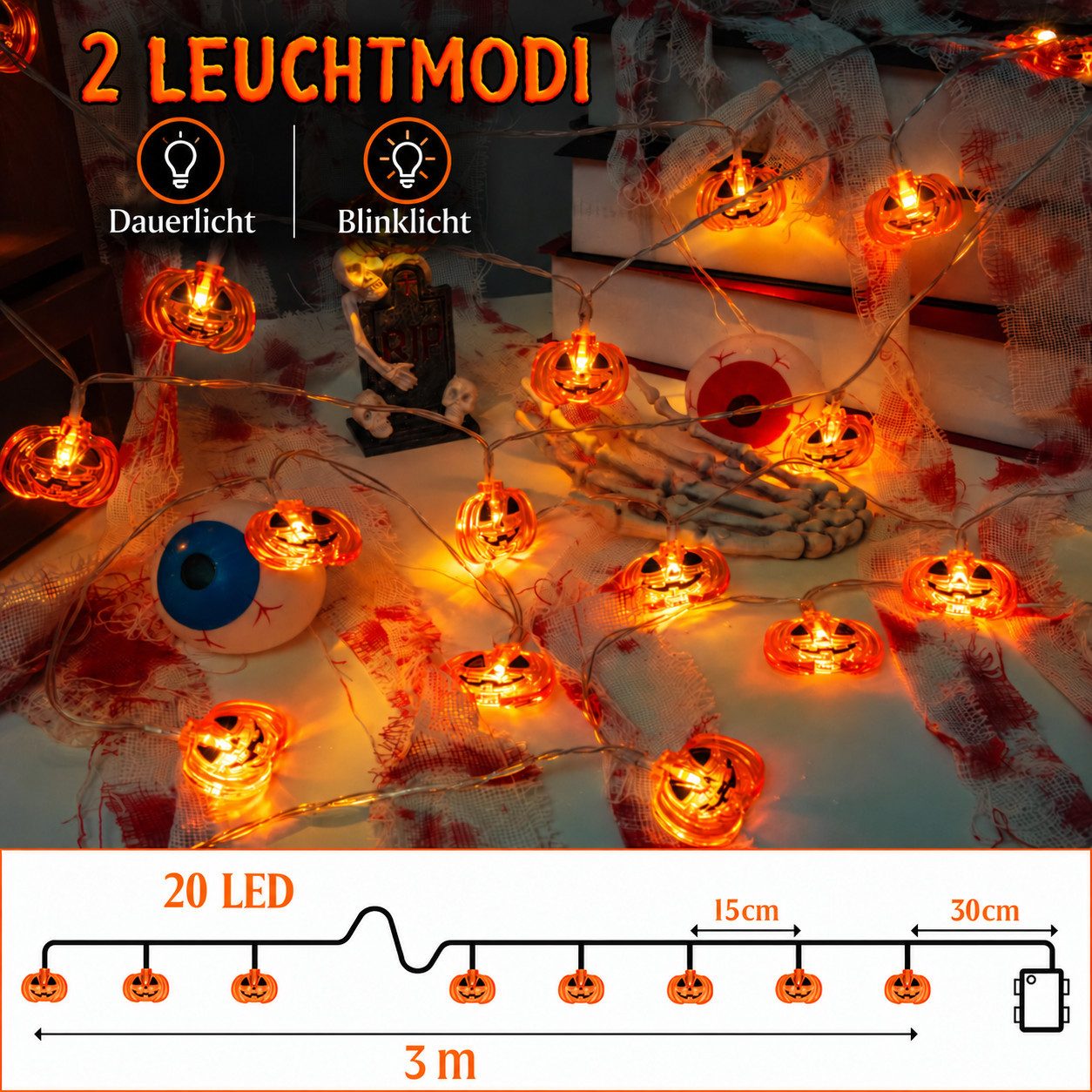 nsihing LED-Lichterkette Halloween Lichterkette 3 m, 20 LED, Batteriebetrieben, IP65, Für Innen & Außen, Ideal für Kürbis- & Halloween-Dekoration – Bild 2 von 5