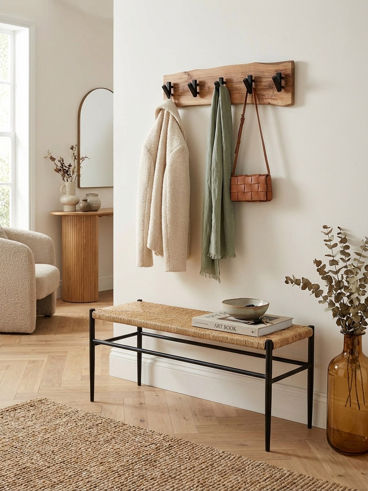 KADIMA DESIGN Wandgarderobe Design Wandgarderobe Akazie Massivholz / Metall 60 x 17 x 9 cm (Garderobe Holz), Hakenleiste Flurgarderobe Wand