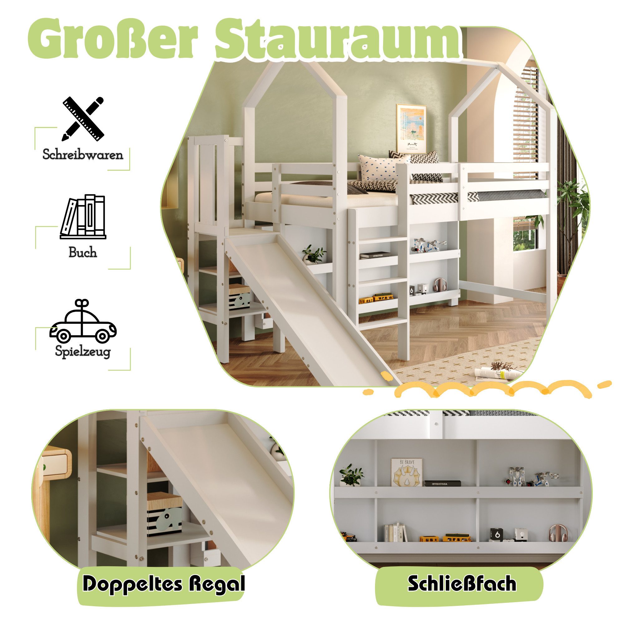 Flieks Hochbett Kinderbett 90x200cm mit Rutsche, Leiter und beweglichem Sch günstig online kaufen