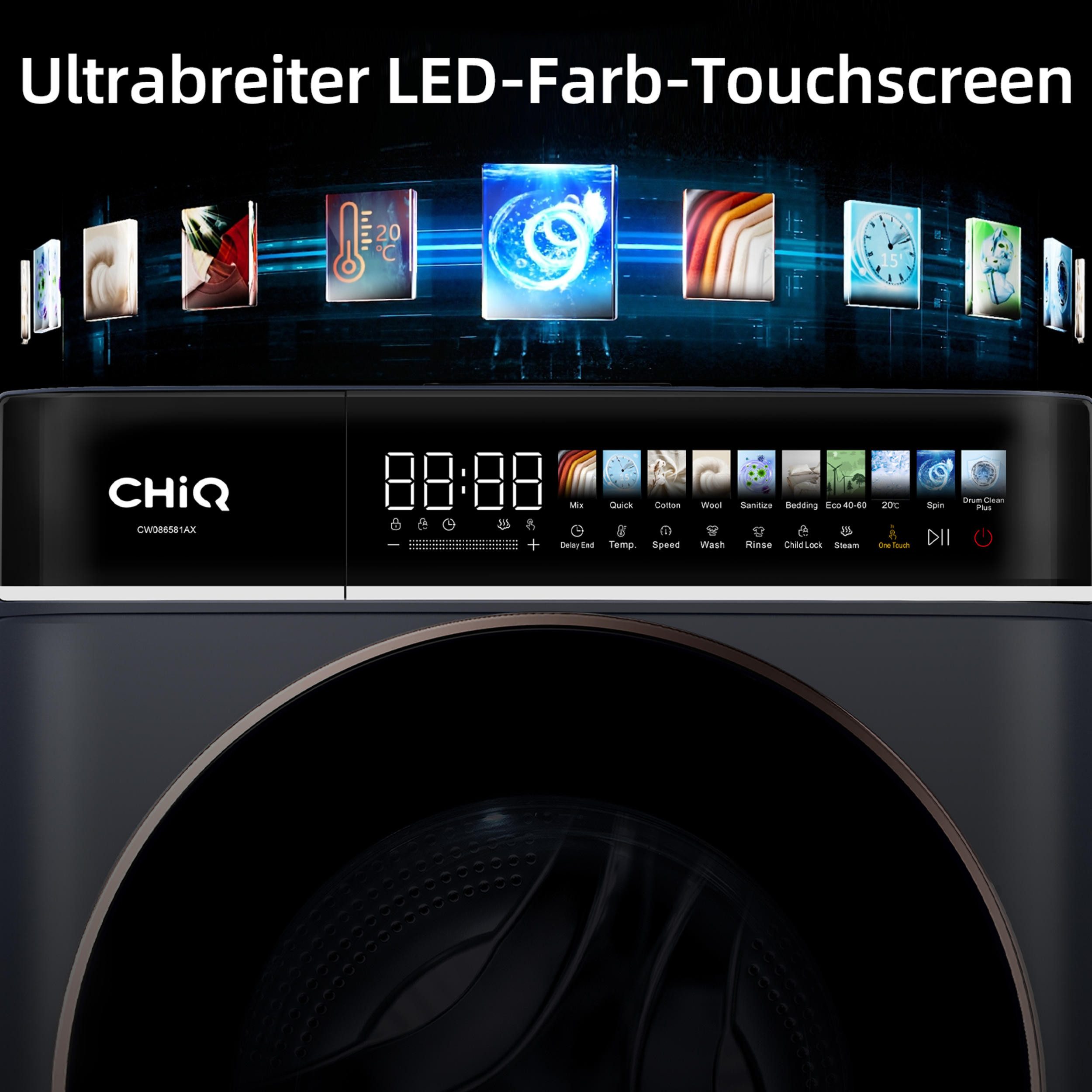 CHiQ Waschmaschine LED-Touchscreen CW086581AX, 8 kg, 1400 U/min, 15 Min. Schnell, EEK A-15%, 12 Programme