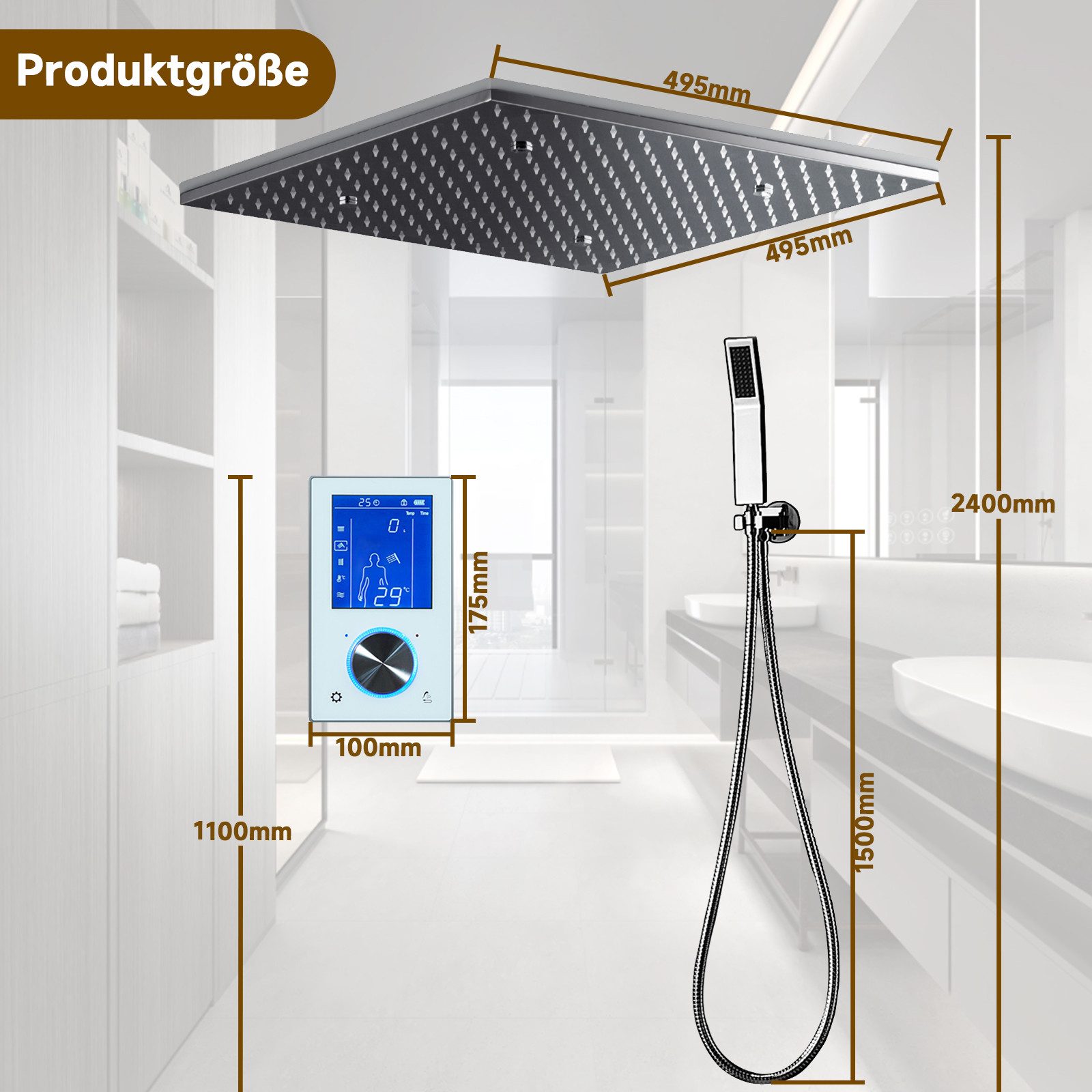 Oihpaw Duschsystem Duscharmatur Chrom Unterputz Thermostat 495×495mm Kopfbr günstig online kaufen