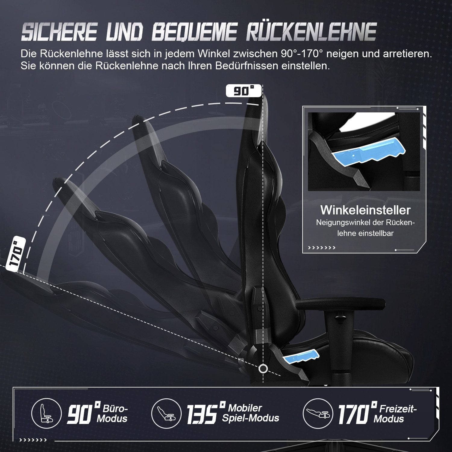 Adormii Gaming-Stuhl Gaming stuhl, ergonomisch Gaming chair, 90°–170° neig- und arretierbar (Mit Kopfstütze und Lendenkissen, verstellbaren Armlehnen, höhenverstellbarem Sitz, belastbar bis zu 150 kg), Höhenverstellbar, Armlehnen verstellbar, Abriebfestiges Leder, 150KG