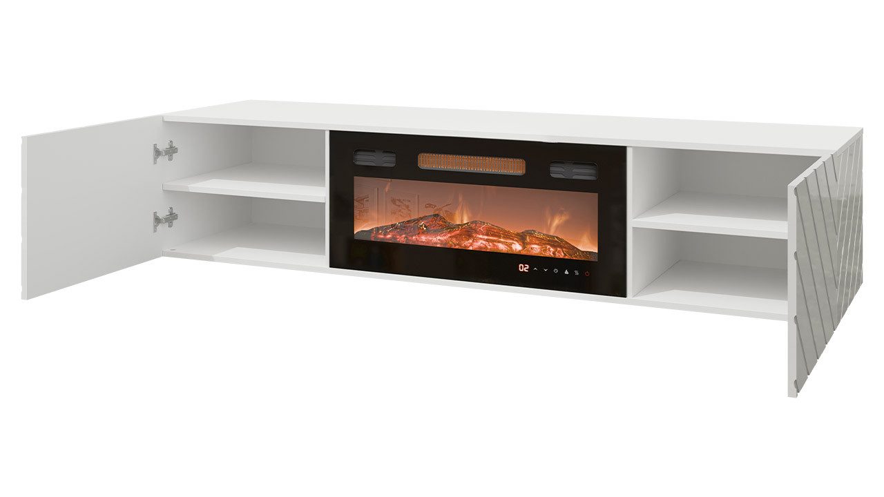 MIRJAN24 TV-Schrank Luxe (mit zwei Drehtüren, Elektrische Kamin) Realistische LED-Flamme, Gehärtetes Glas, 183x35x38 cm