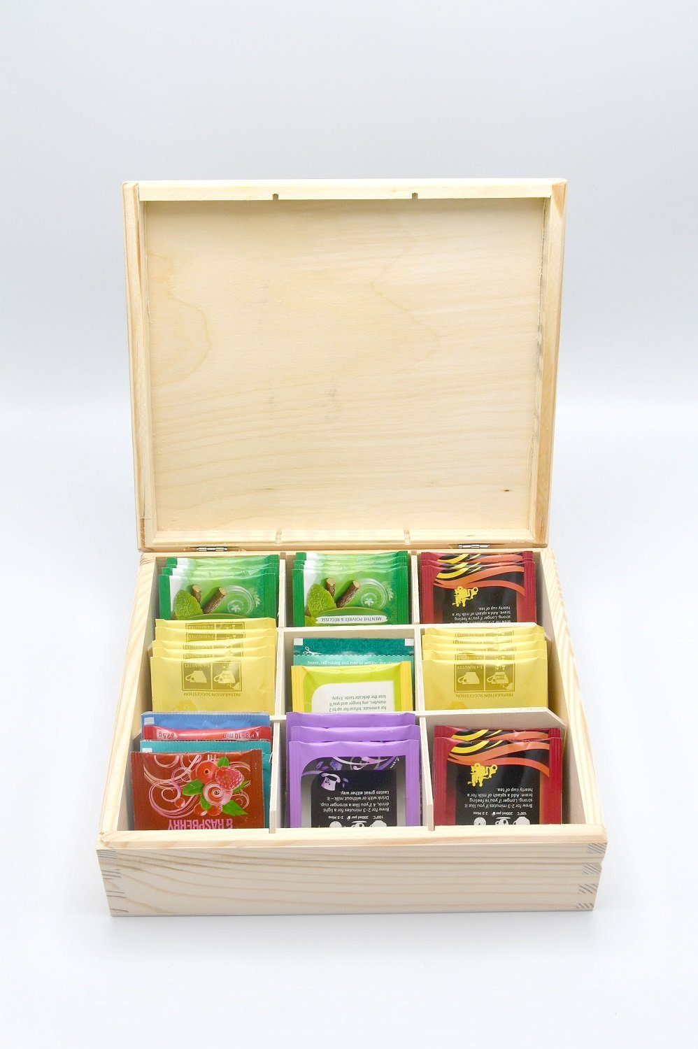 MyBer® Teebox Teebox Teekiste Holzkiste, Fächern, (1-tlg) Aufbewahrungsbox, Vorratsbox, Küchenbox, mit 9