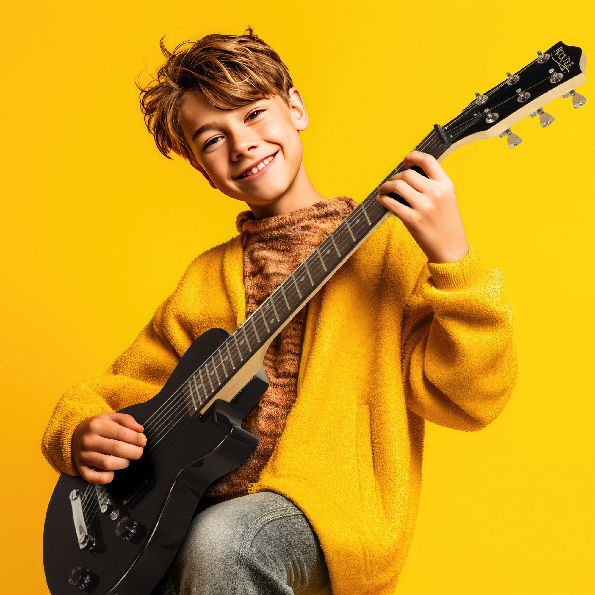 Rocktile E-Gitarre L-50B Kinder elektrische Gitarre, Single Cut, Spar-Set, inkl. Gitarrenverstärker, Gurt und Schule, Mensur: 3/4 (57,5 cm) - Sattelbreite: 42 mm