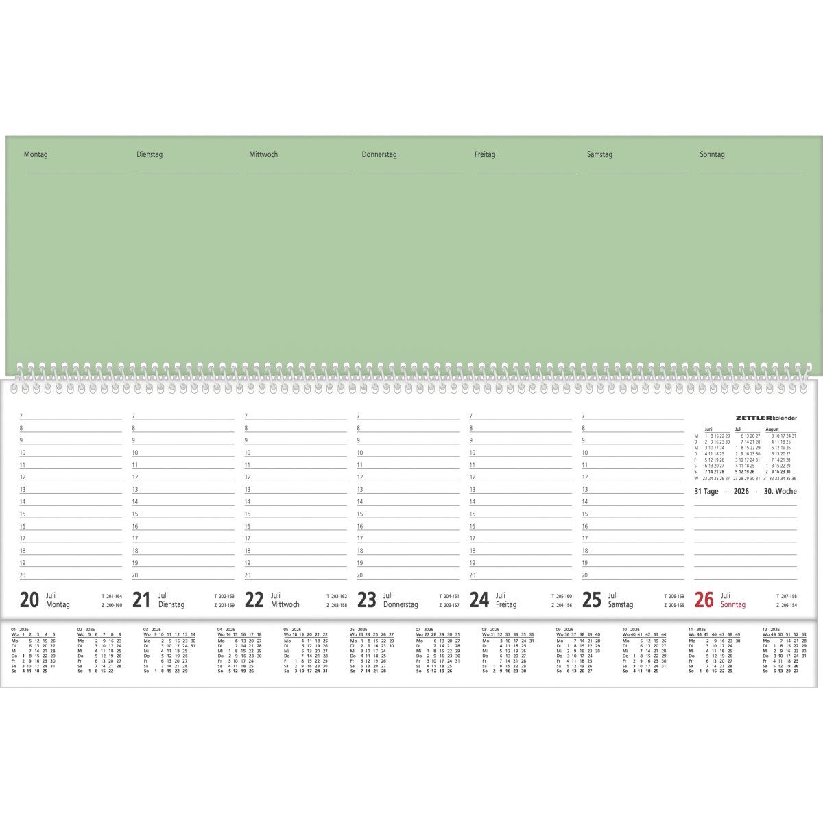 ZETTLER Schreibtischkalender Tischquerkalender Perfo XL Grün 36,2x13,6cm 1 Woche/2 Seiten 2026