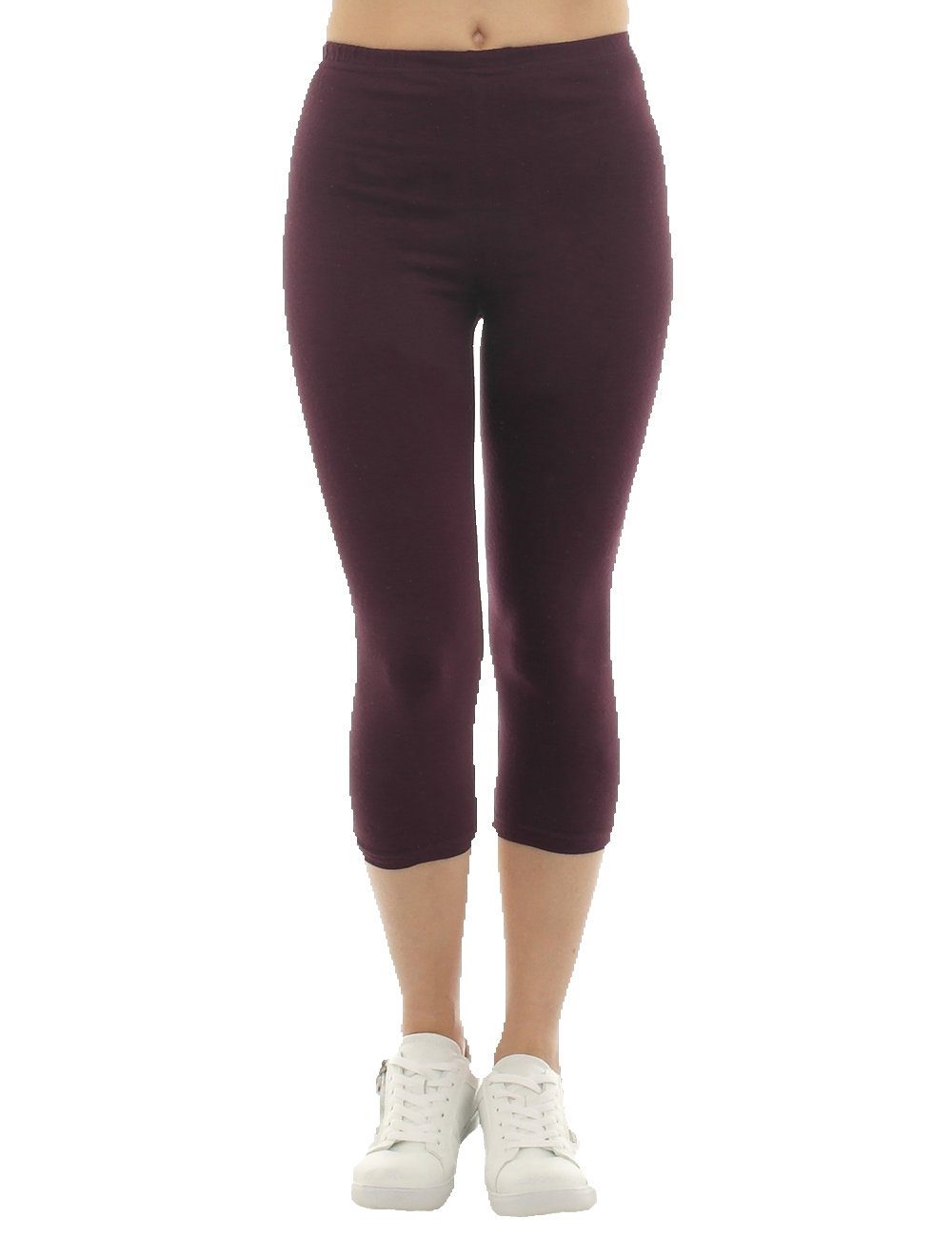 F&K-Mode Caprileggings Damen Capri Hose Bund Baumwolle hoher 3/4 Leggings Bund hoher dunkellila