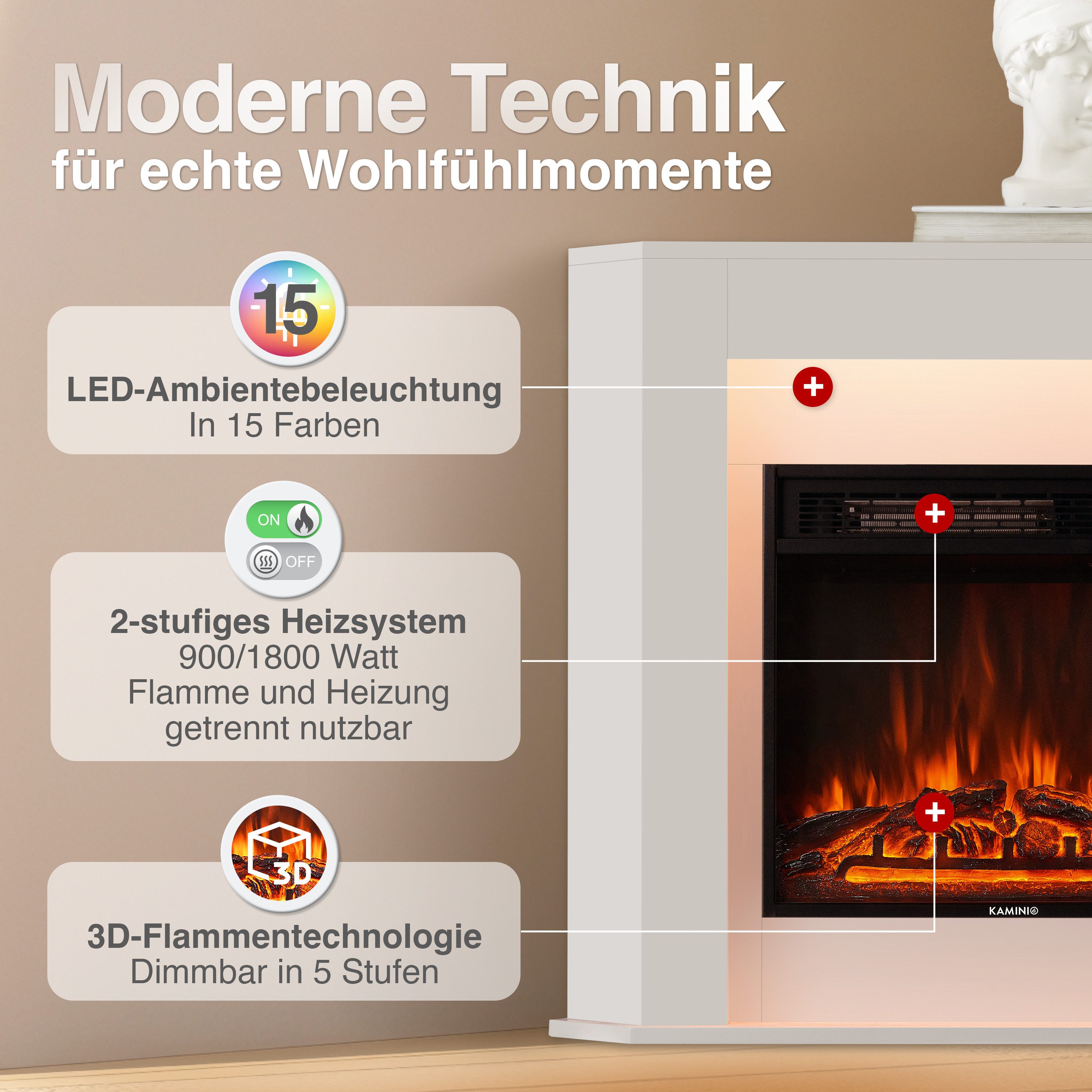 KAMINIO Elektrokamin MATTI, Elektrischer Kamin mit 3D-Flammeneffekt, Ambientelicht, Heizung 1800W
