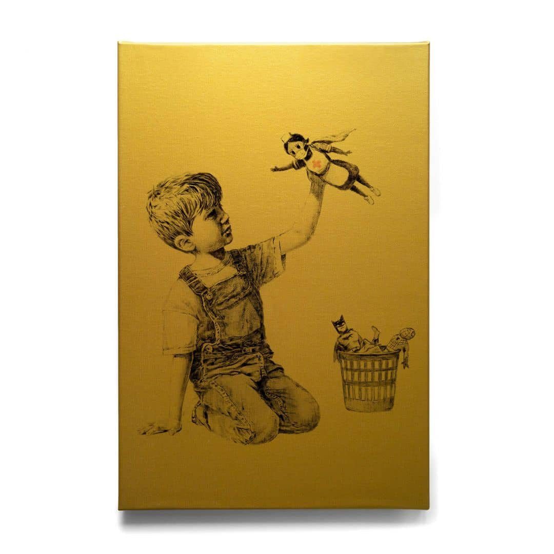 Real Hero, Wandbild K&L handmade Gold Wohnzimmer Banksy Leinwandbild Wall Vintage Art Leinwandbild Graffiti