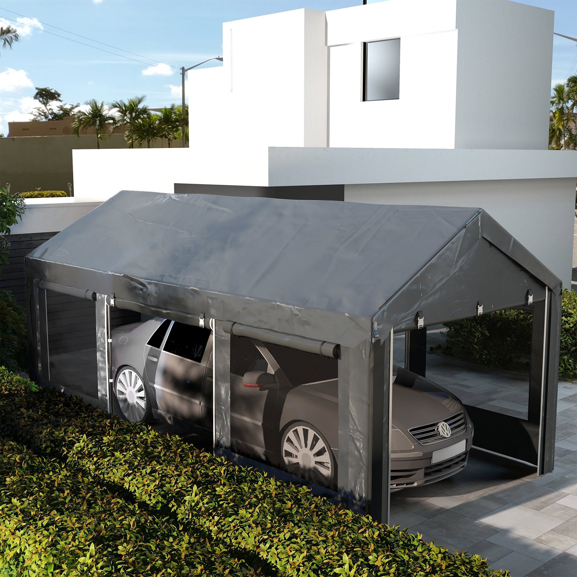 Outsunny Doppelcarport höhenverstellbar, mit 4 Netzfenstern, günstig online kaufen