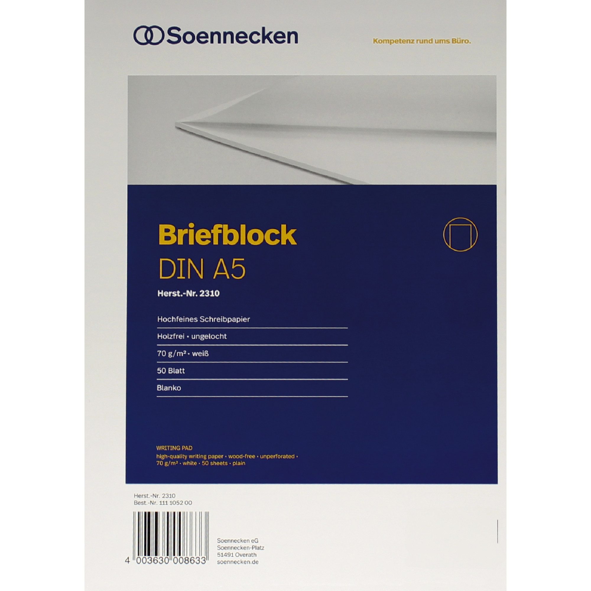 Soennecken Notenblock Briefblock 2310 DIN A5 70g blanko 50 Blatt weiß (10 Stück)