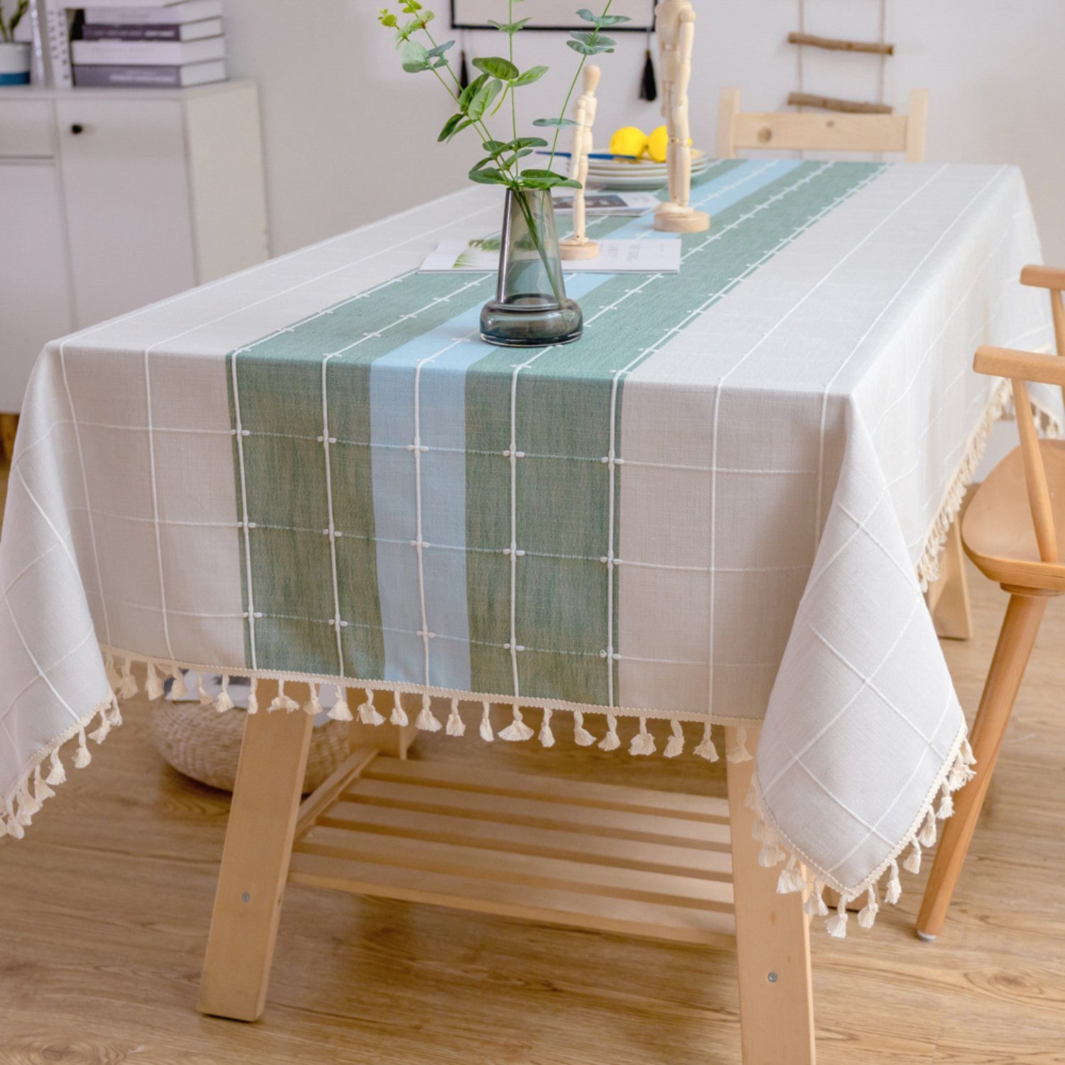 HOMEIDEAS Tischdecke (1-tlg), Gestreift Sackleinen-Tischdecken mit Quasten Grün + Blau