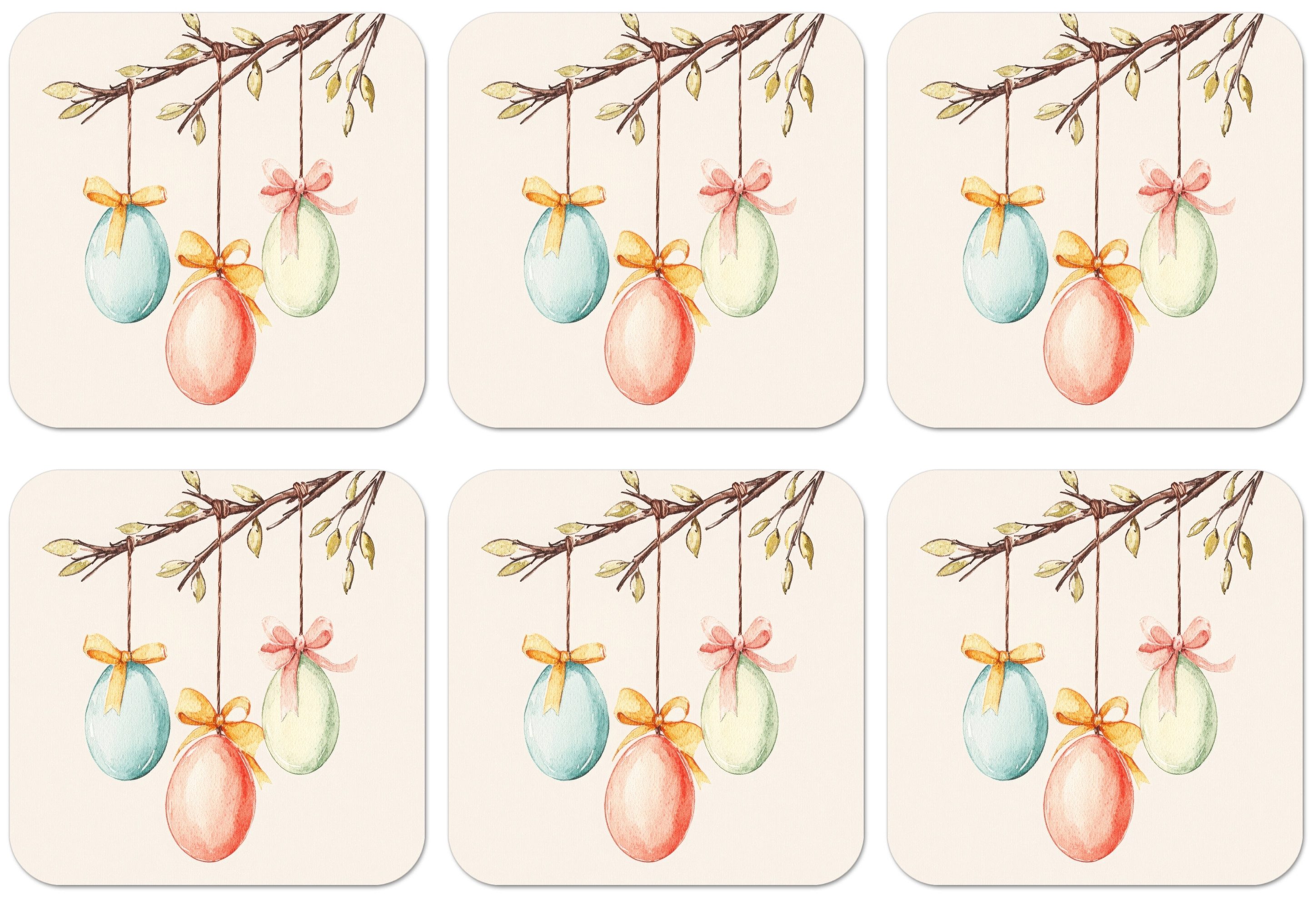 MuchoWow Glasuntersetzer Osterkuchen - Schleife - Eier - Ostern Deko, Zubehör für Gläser, 6-tlg., Tassenuntersetzer Kork, Quadrat, Untersetzer Set Gläser, 10x10 cm