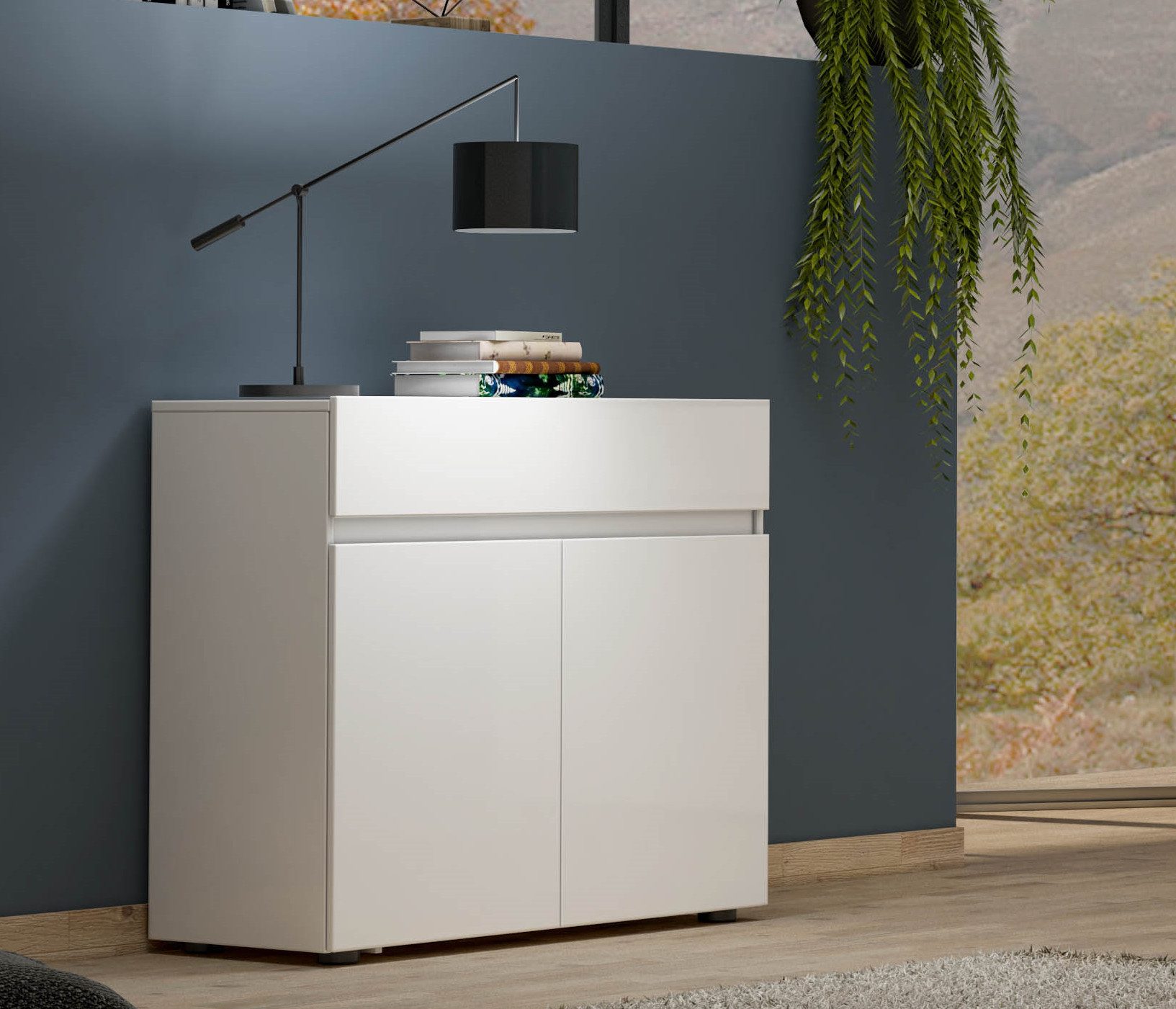 KITALY Sideboard in weiss, Lack Hochglanz - 90x80x38cm (BxHxT)