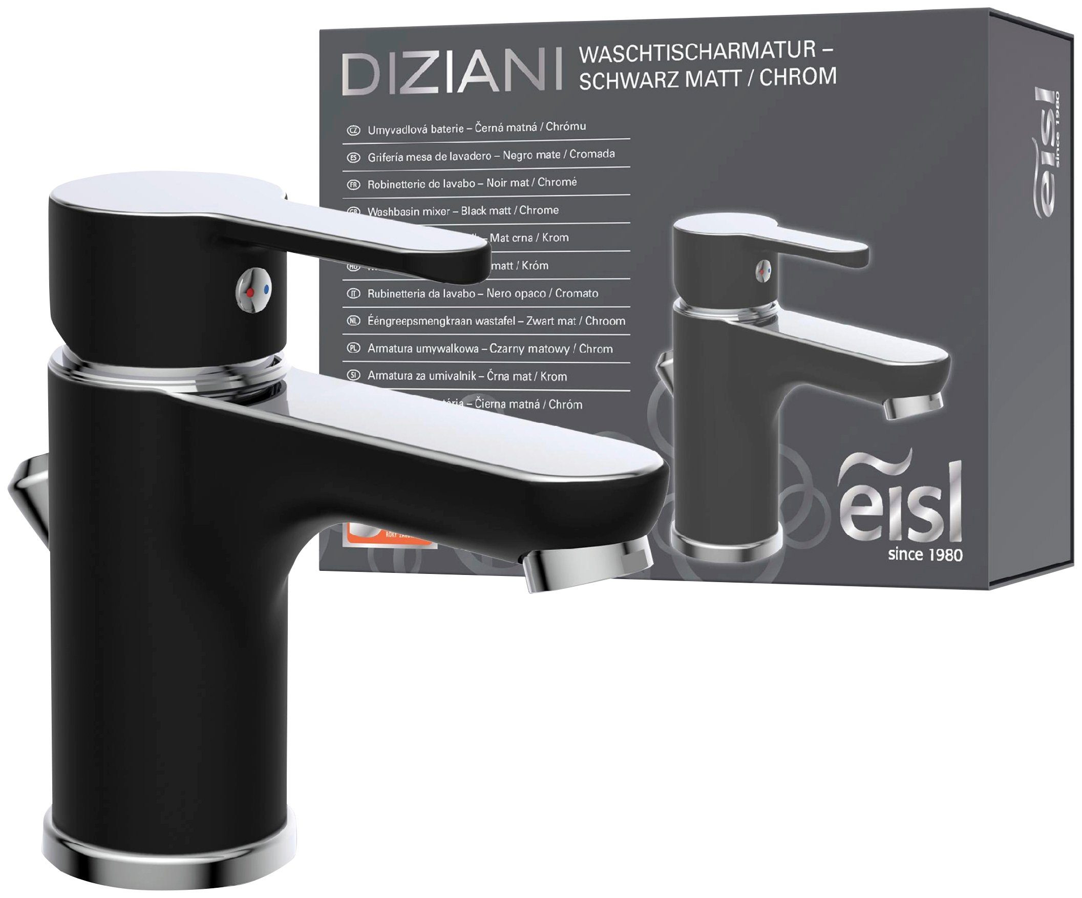 Eisl Waschtischarmatur Diziani mit Zugstange, Wasserhahn mit Ablaufgarnitur, Mischbatterie schwarz, silberfarben