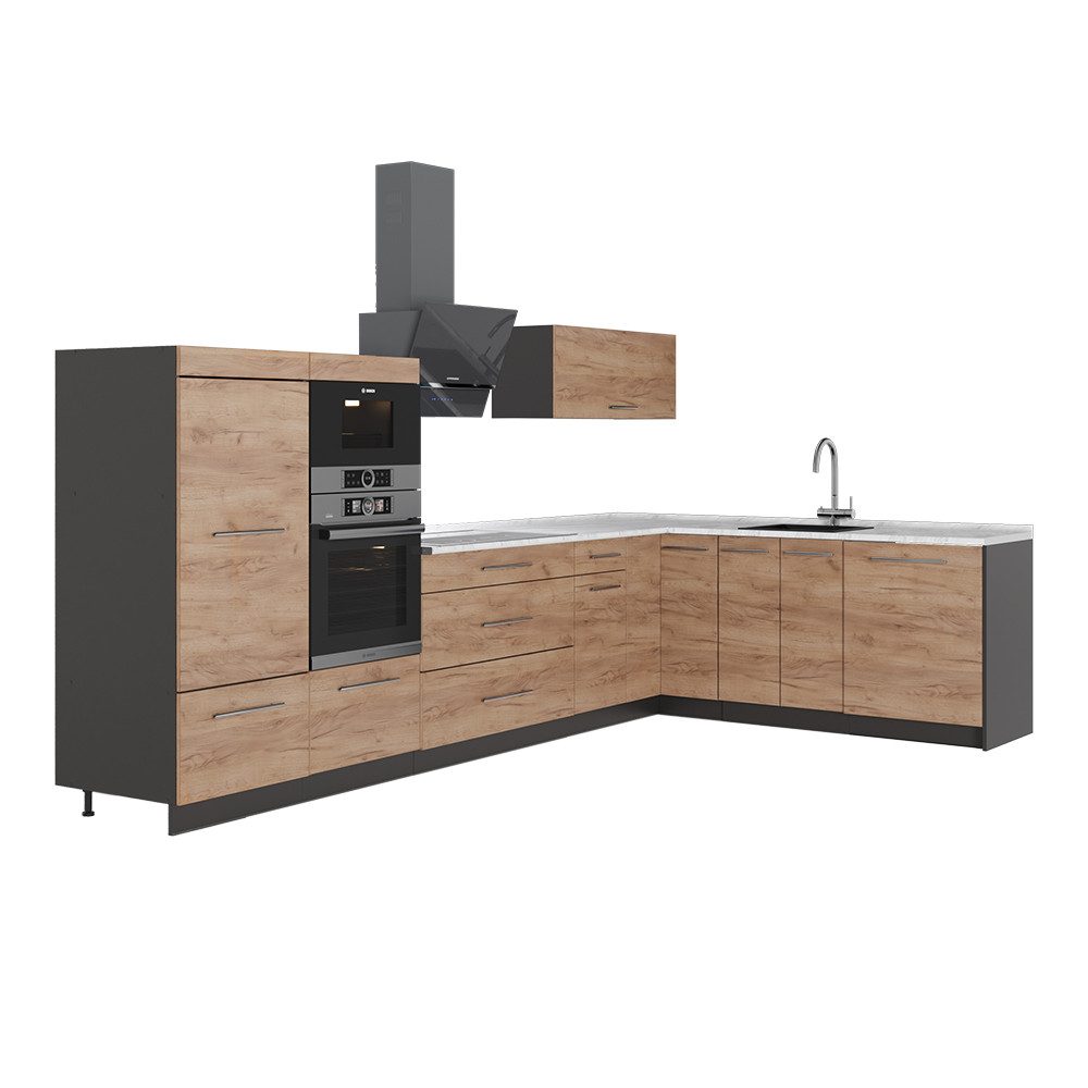 Vicco Winkelküche Fame-Line, Goldkraft Eiche/Anthrazit, 347 x 207 cm, AP Marmor