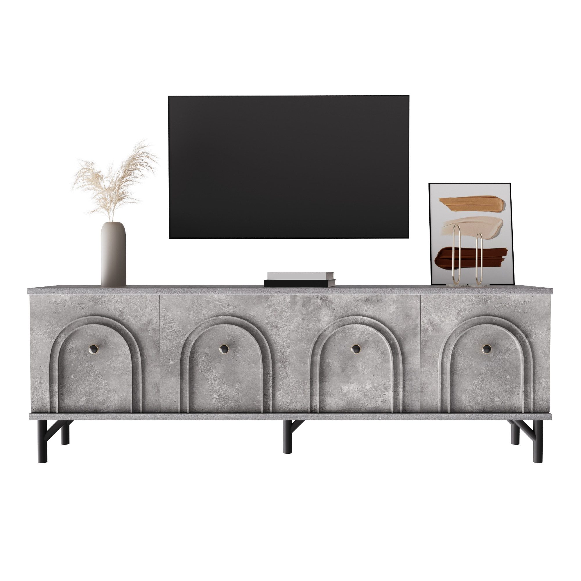 Furnishings Home TV-Bank Modernes 4-türiges Soft-Close-Scharniere 3D-Bogenfront (1 St), Stilvolles Design 3D-Bogenfront Weiß Grau
