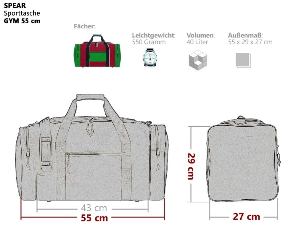 Spear Bags Sporttasche groß Saunatasche Reisetasche Gymbag 55 cm, 40 Liter Gym Tasche Fußballtasche Large + Trinkflasche