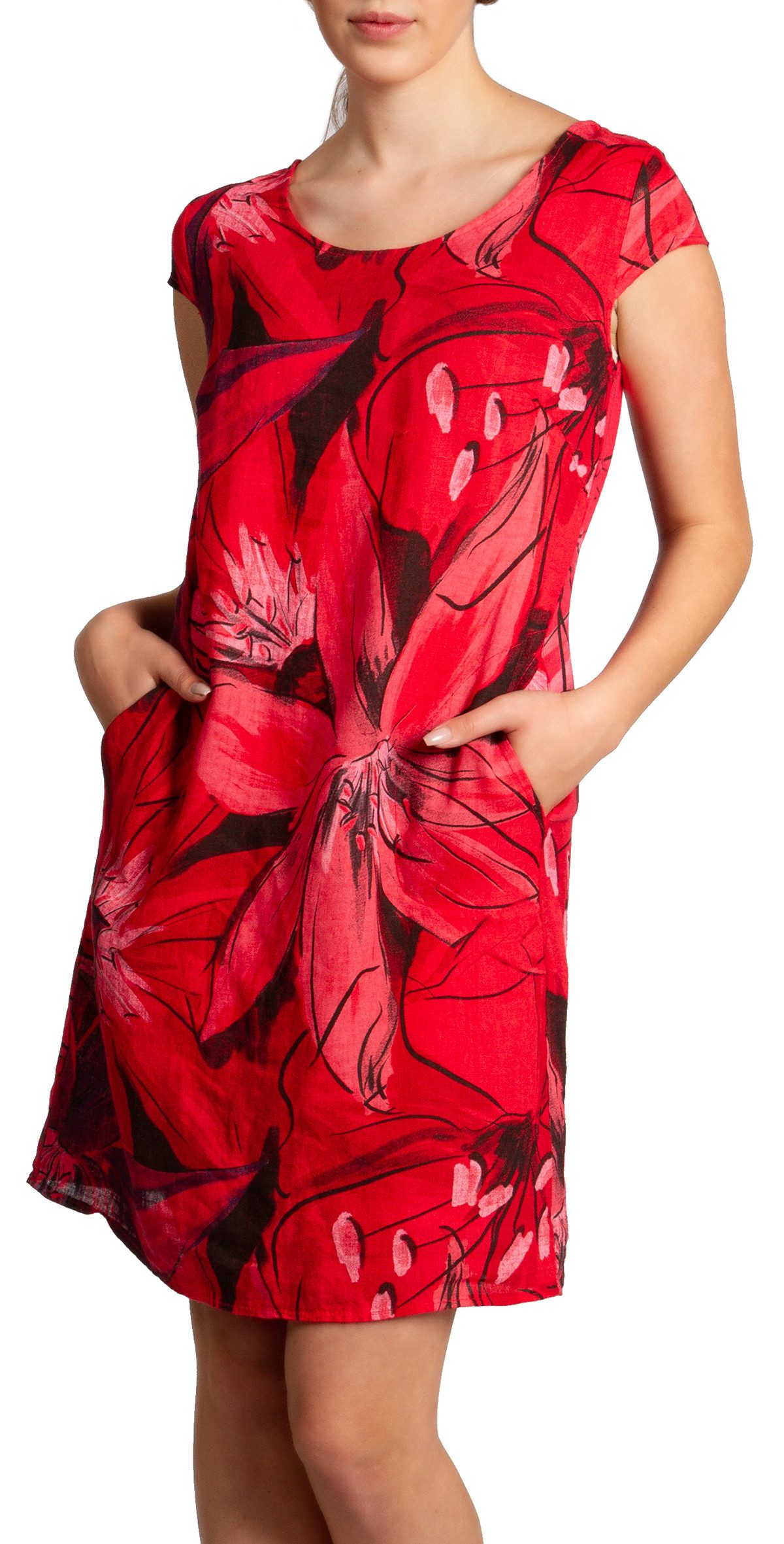 Caspar Sommerkleid SKL035 knielanges elegantes Damen Leinenkleid mit Blüten Print Luftig leicht, figurumspielende Form, mit seitlichem Jersey-Einsatz