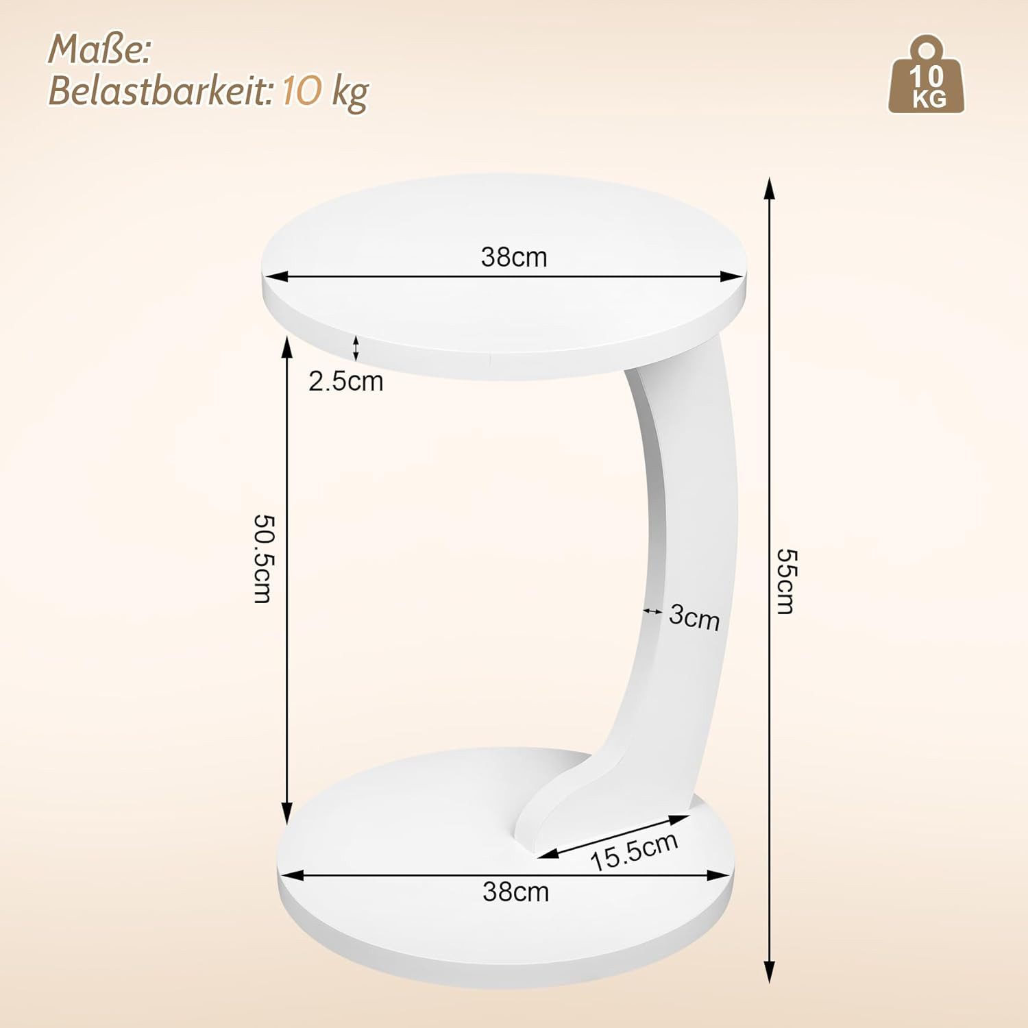 Woltu Beistelltisch, Couchtisch rund, C Form, für Sofa Bett, φ38xH55 cm