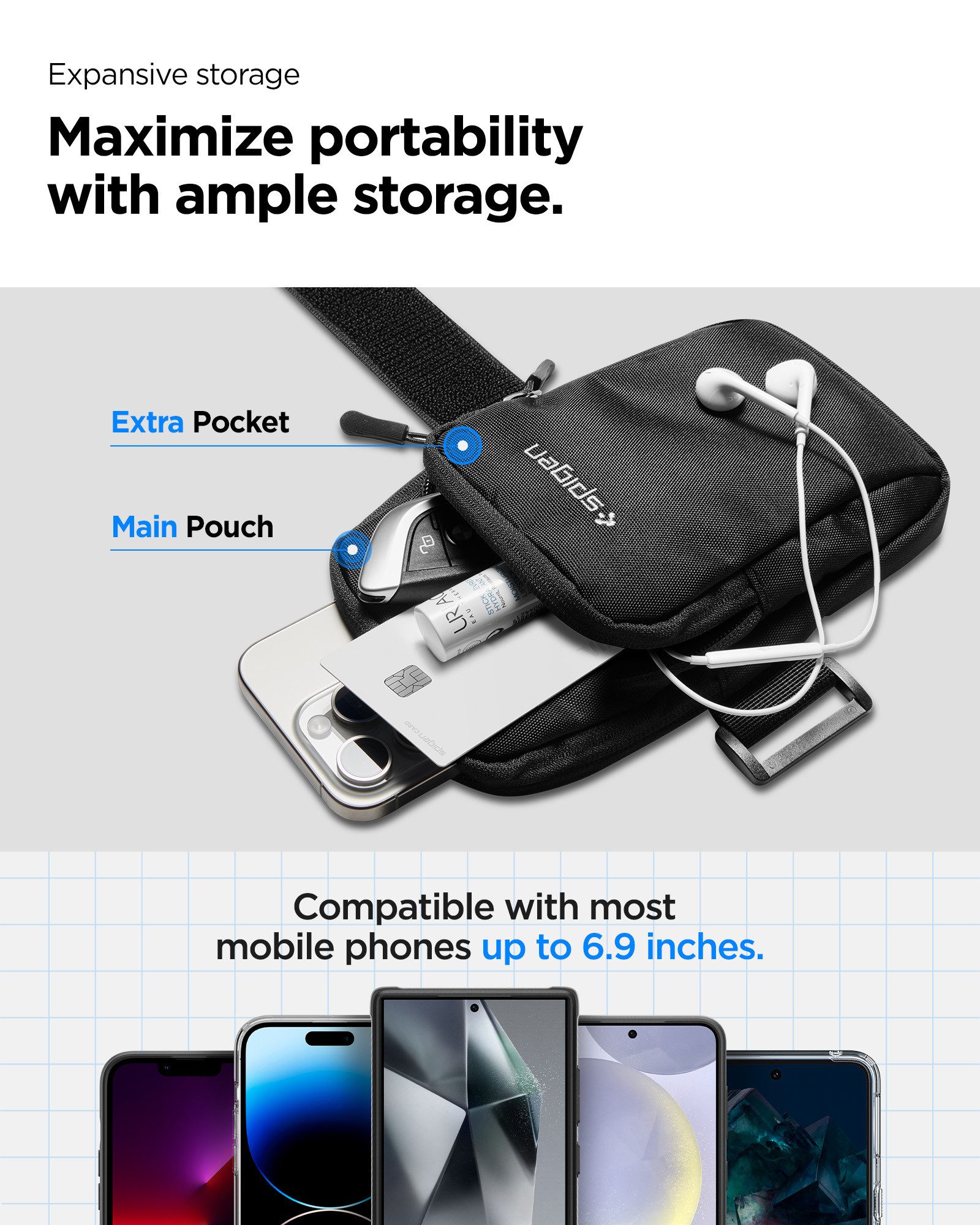 Spigen Handytasche Armbinde Handytasche für das Handy Fitness Sportarmband Lauf Armtasche, Perfekter Halt, federleicht, zwei Fächer, wasserabweisend, Neopren