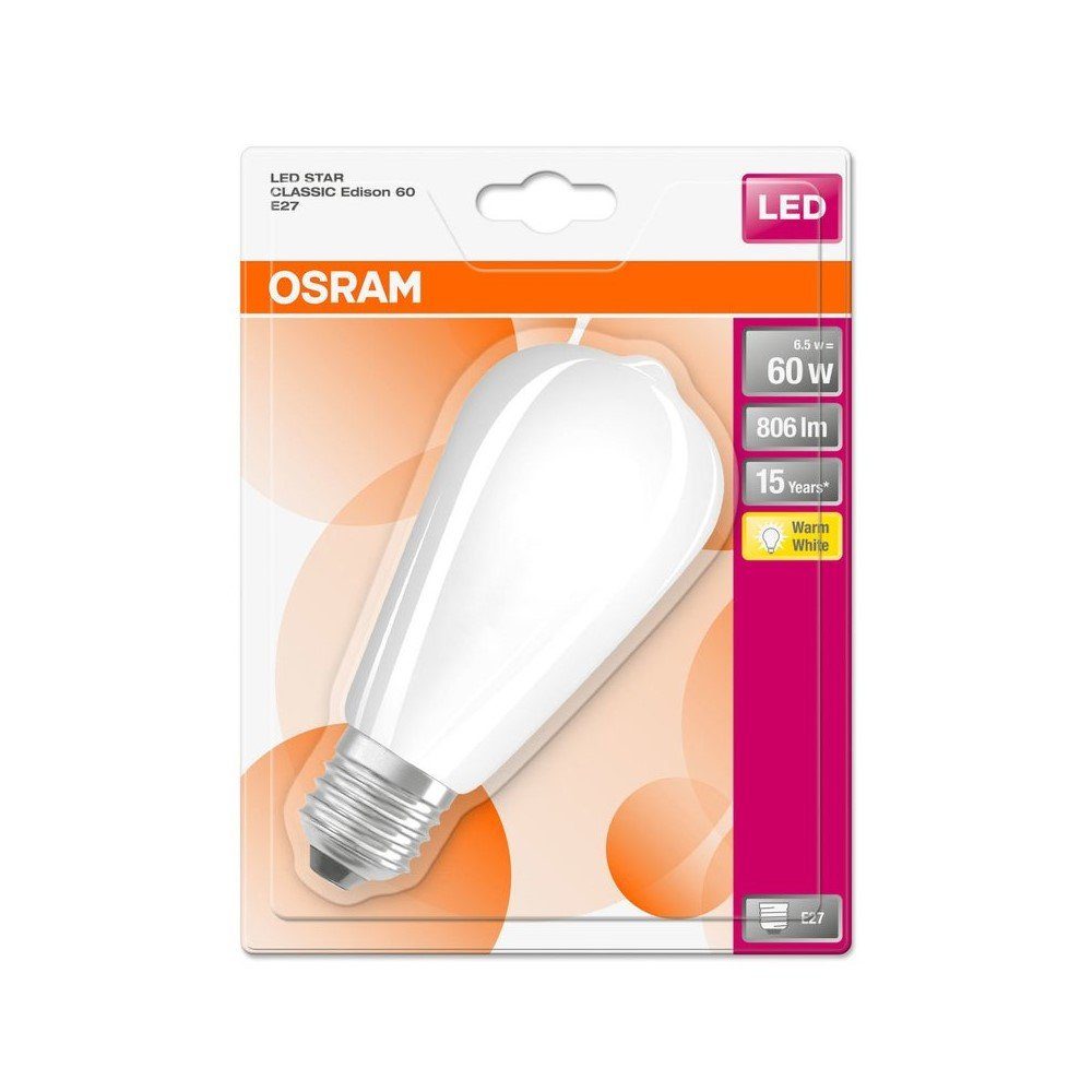 Osram LED-Leuchtmittel Osram LED E27 = Warmweiß 2700K, Warmweiß, ST64 230V Filament 806lm 7W Matt 60W Matt E27