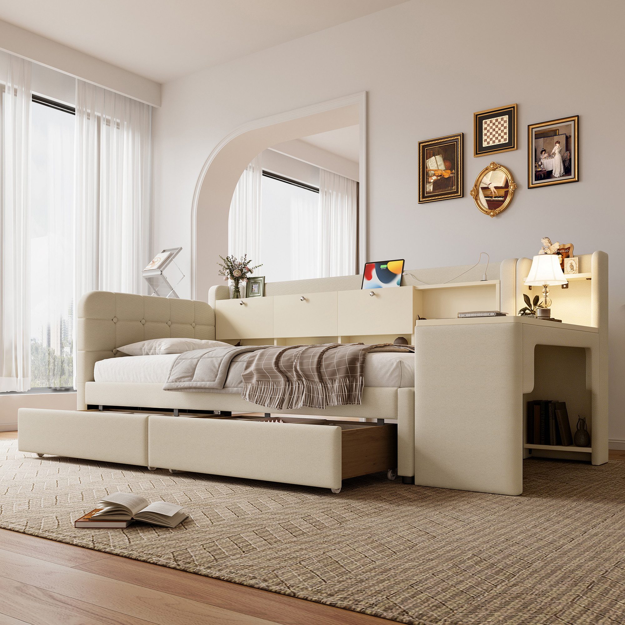 SOFTWEARY Stauraumbett mit Schreibtisch (90x200 cm, Lattenrost, Regal, Schubladen, USB und Type-C Anschluss), Einzelbett, Polsterbett, Leinen – Bild 4 von 5