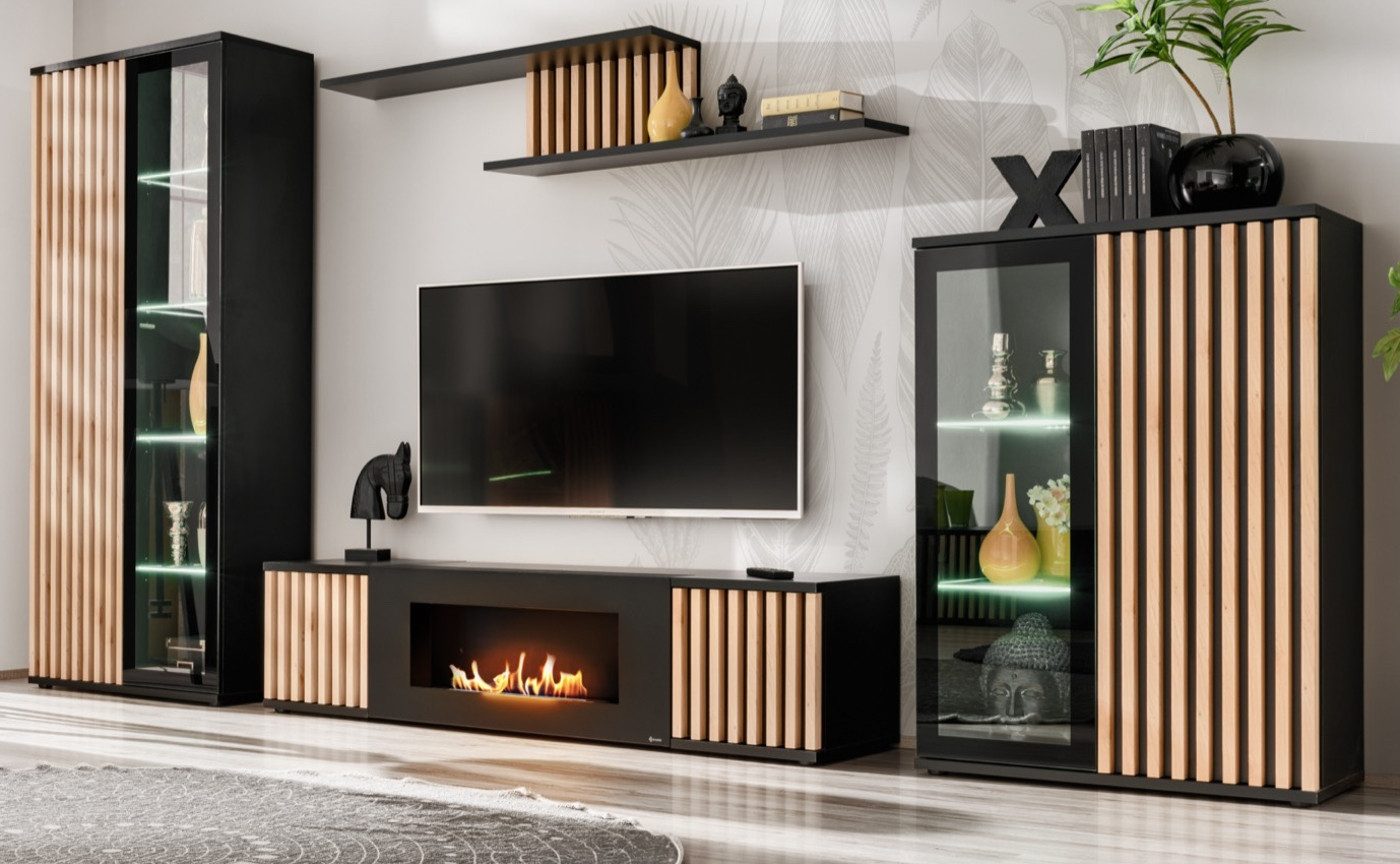Furn.Design Wohnwand Morgan, (in schwarz matt mit Eiche Lamellen, 4-St., in günstig online kaufen