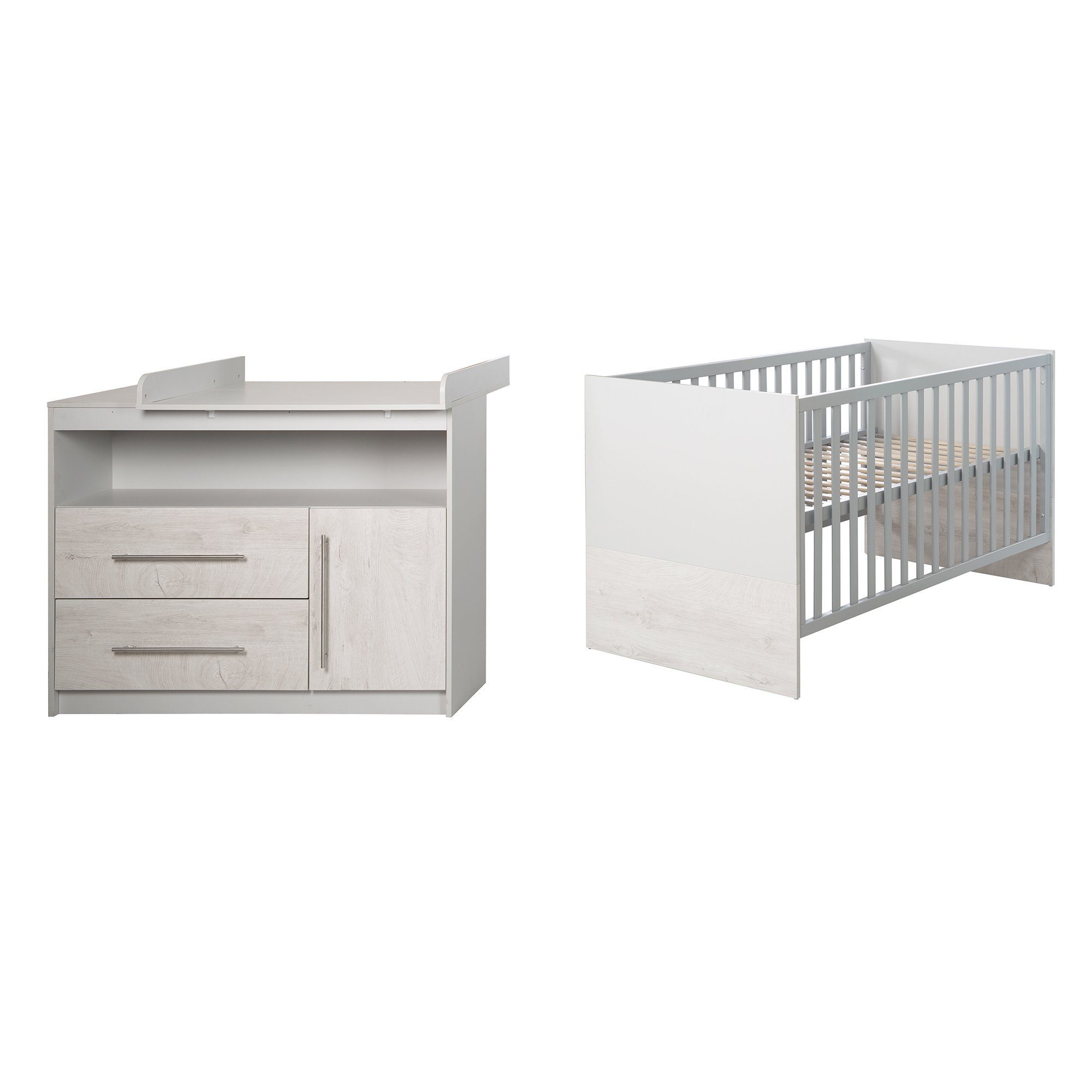 roba® Babyzimmer-Komplettset Maren 2, Gitterbett & Wickelkommode, Lichtgrau/Weiß