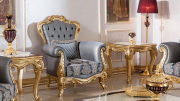 Casa Padrino Sessel Luxus Barock Sessel Blau / Gold - Handgefertigter Barockstil Wohnzimmer Sessel mit elegantem Muster - Barock Wohnzimmer Möbel - Edel & Prunkvoll