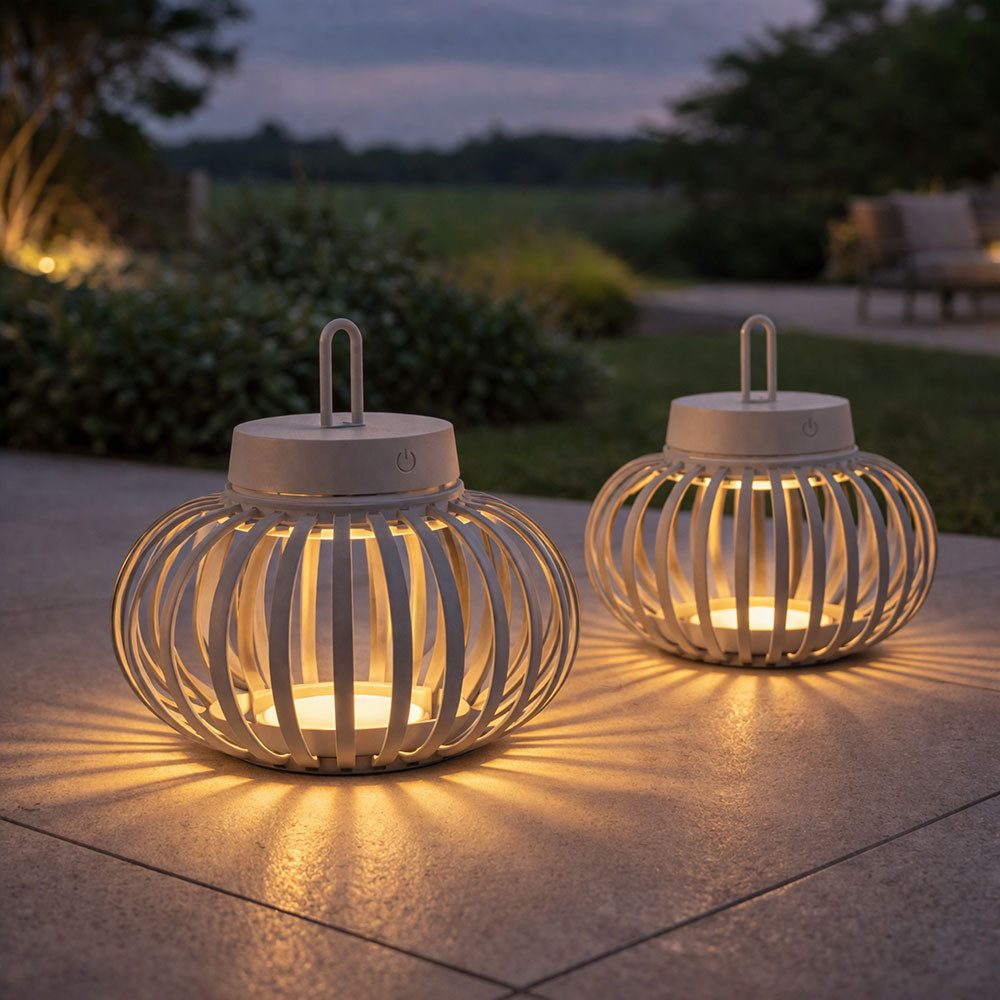 JUST LIGHT LED Außen-Tischleuchte, LED-Leuchtmittel fest verbaut, Warmweiß, 2x Tischlampe Pendelleuchte Außen Innen LED Touchdimmer sand D 25 cm