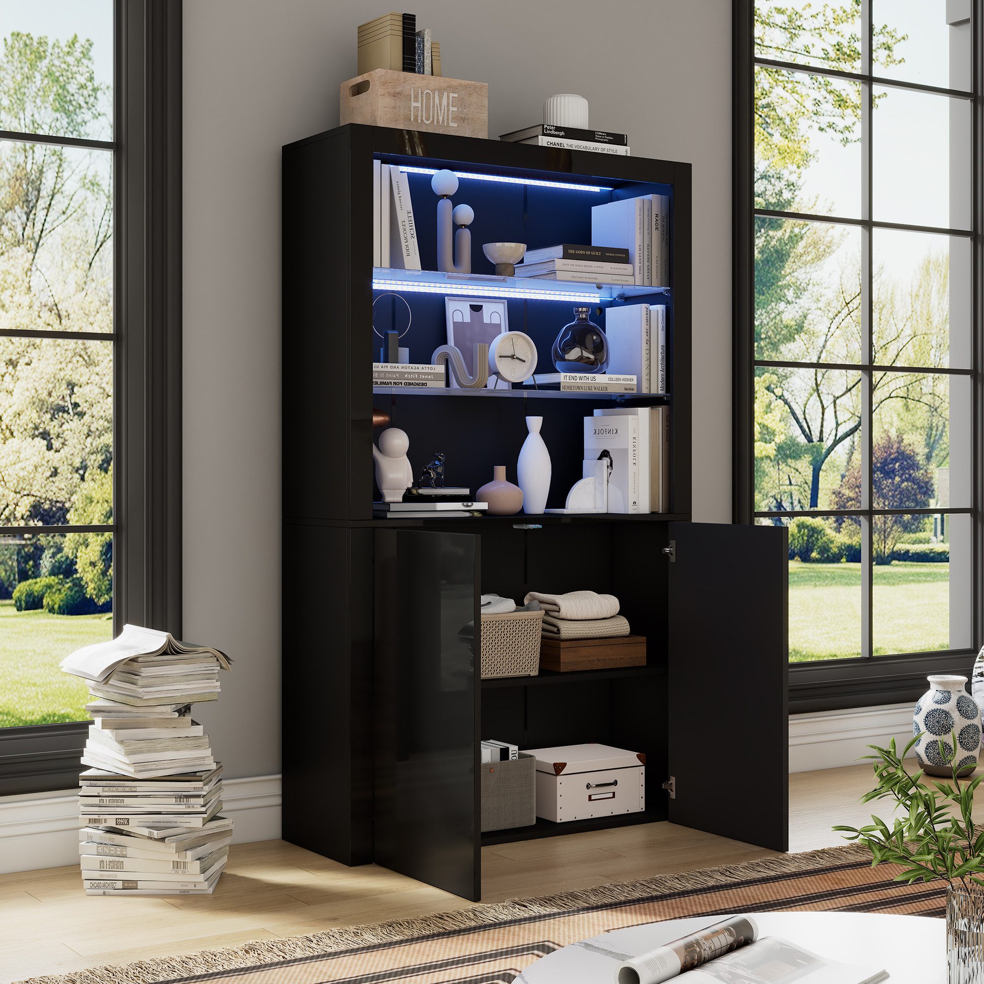 OKWISH Vitrine Hochglanz-Aufbewahrungsschrank (Sideboard, Wohnzimmerschrank, Organizer, 1-St., Displayschicht aus gehärtetem Glas) mit LED-Leuchten