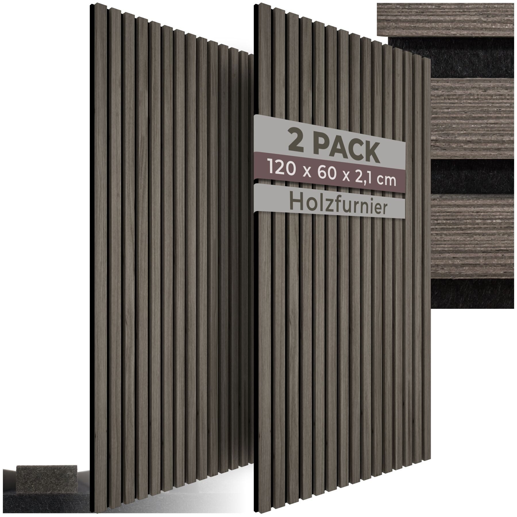 tectake Wandpaneel Akustikpaneele aus MDF und Echtholzfurnier - Eiche grau, BxL: 60x120 cm, 0.72 qm, (Holzpaneele Sonic Wall, 2-tlg., Größe flexibel anpassbar) schallabsorbierender Filz, einfache Montage mit Kleber oder Schrauben