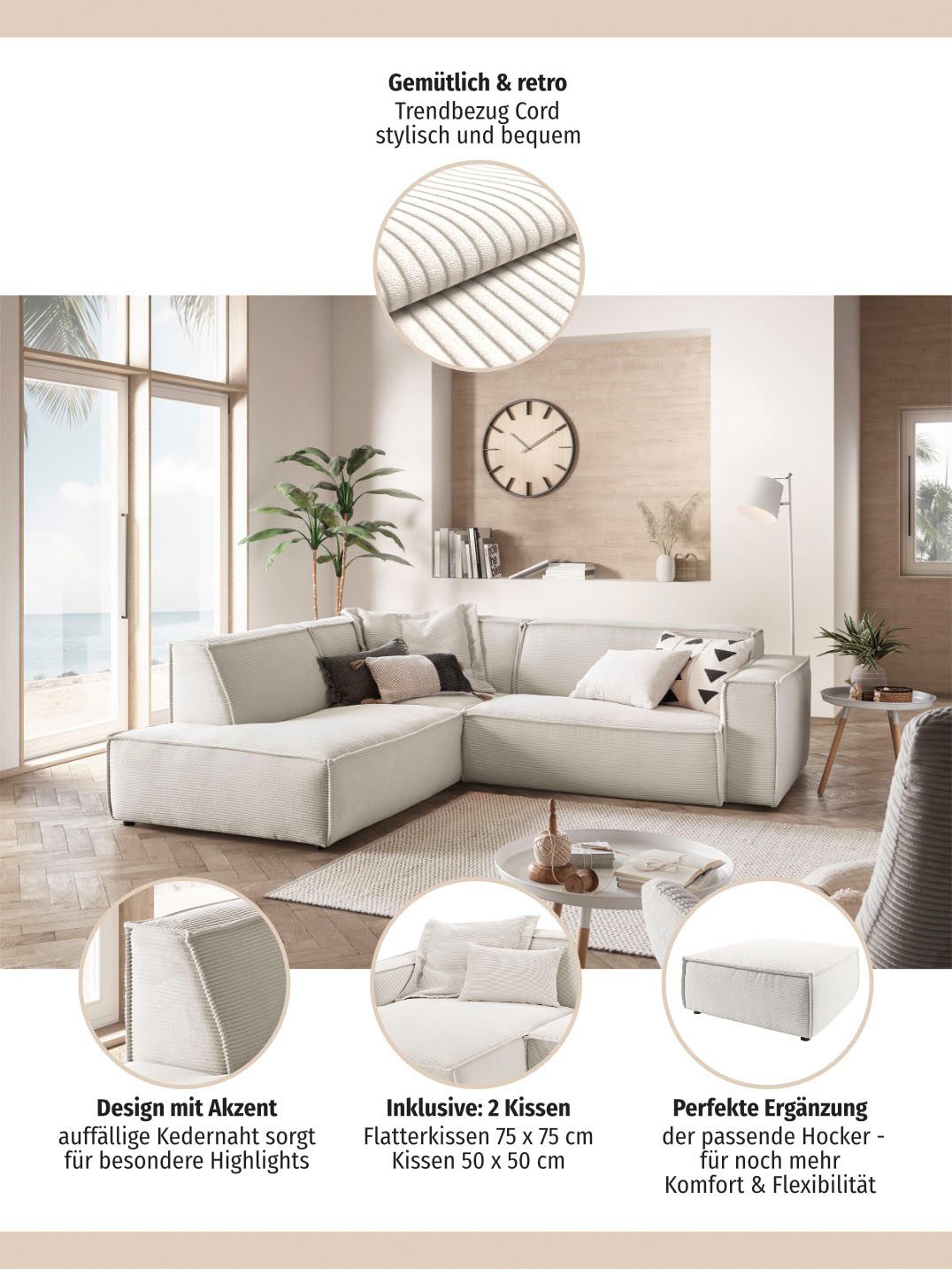 3C Candy Ecksofa Matteo in elegant, kubischer Formensprache, bequem, L-Form, mit auffälliger Kedernaht, Cord-Bezug, Lounge-Charakter