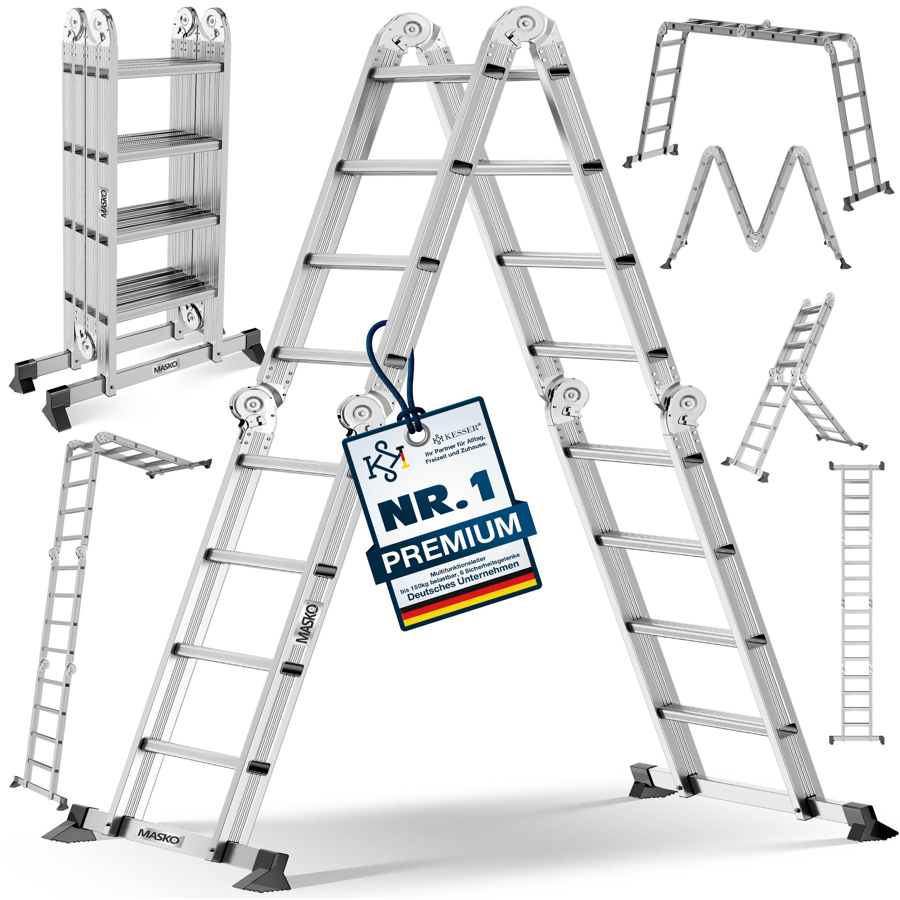 MASKO Vielzweckleiter Aluminium 6in1 Mehrzweckleiter 4x4 Stufen, 470cm, bis 150kg belastbar, multifunktionale Gelenkleiter, Anlegeleiter, Steh- & Treppenleiter