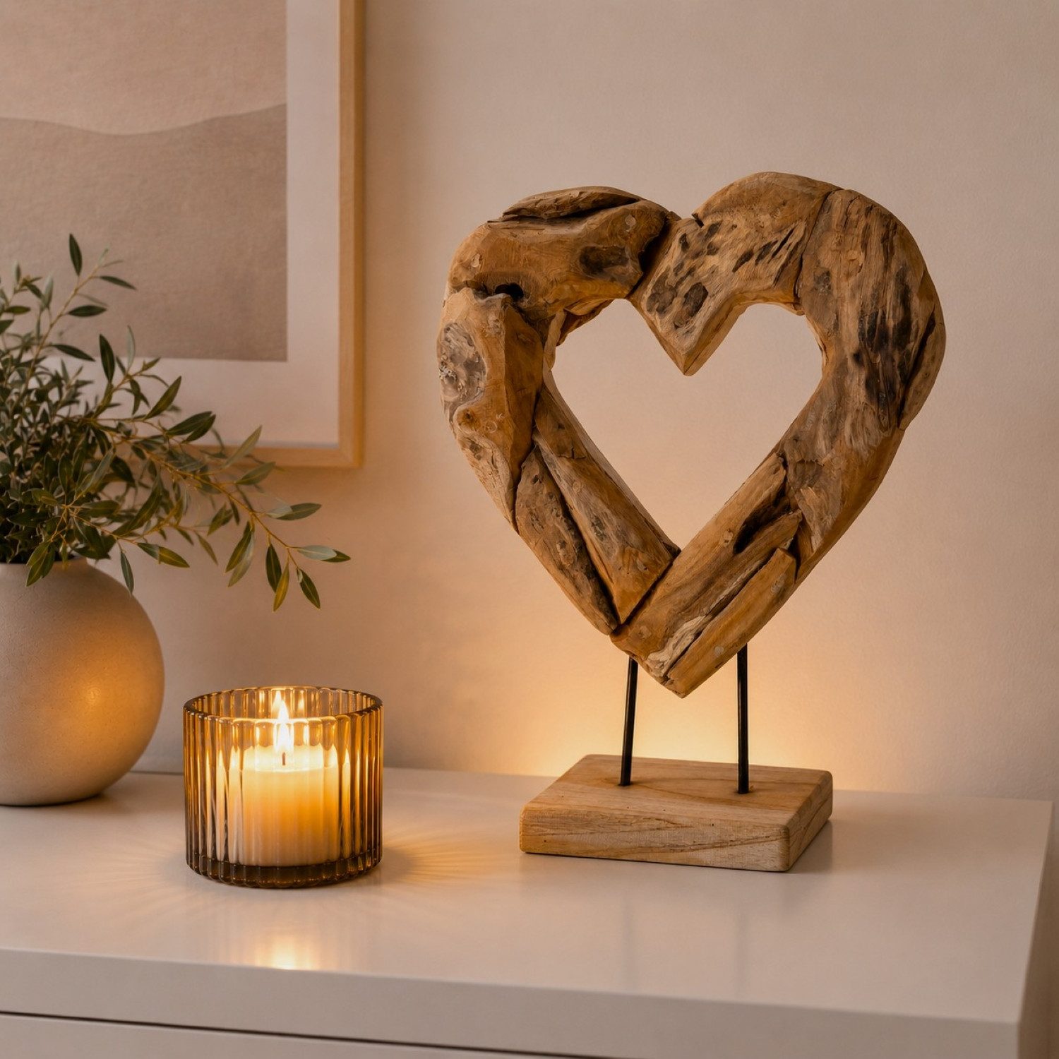 Online-Fuchs Dekofigur großes Deko Herz aus Treibholz für Wohnzimmer & Schlafzimmer (48 cm hoch, moderne rustikale Dekoration), aus sorgfältig ausgewählten Treibholzstücken gefertigt