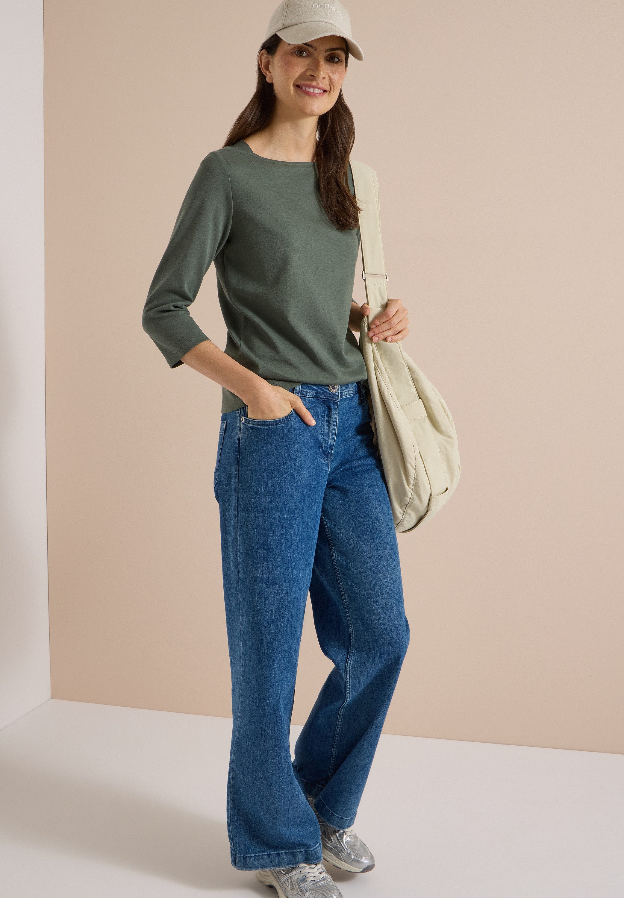 CECIL 3/4-Arm-Shirt U-Boot-Ausschnitt, unifarben, Baumwolle