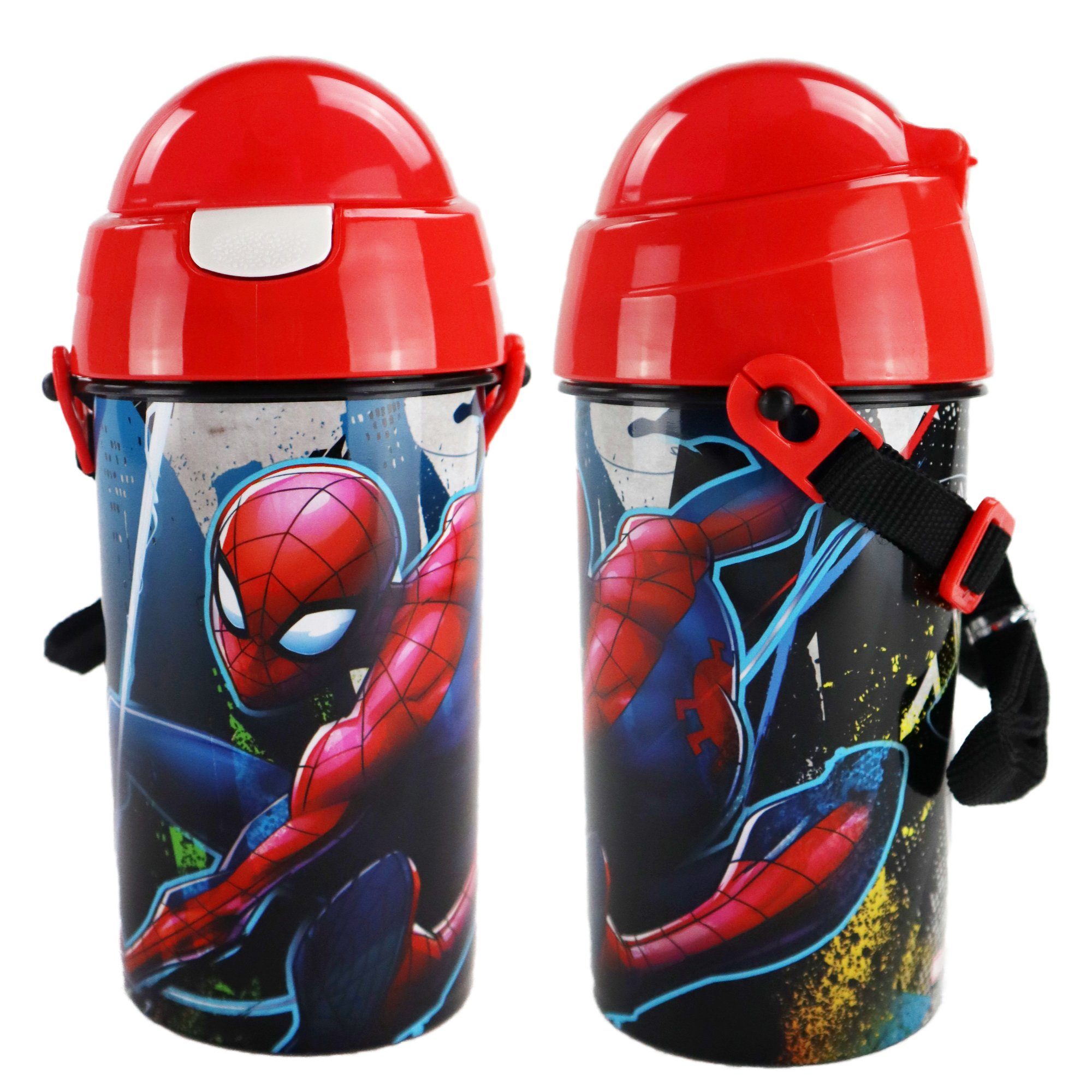 MARVEL Trinkflasche Marvel Spiderman Wasserflasche 500 ml, Flasche integrierter Trinkhalm und Tragegurt