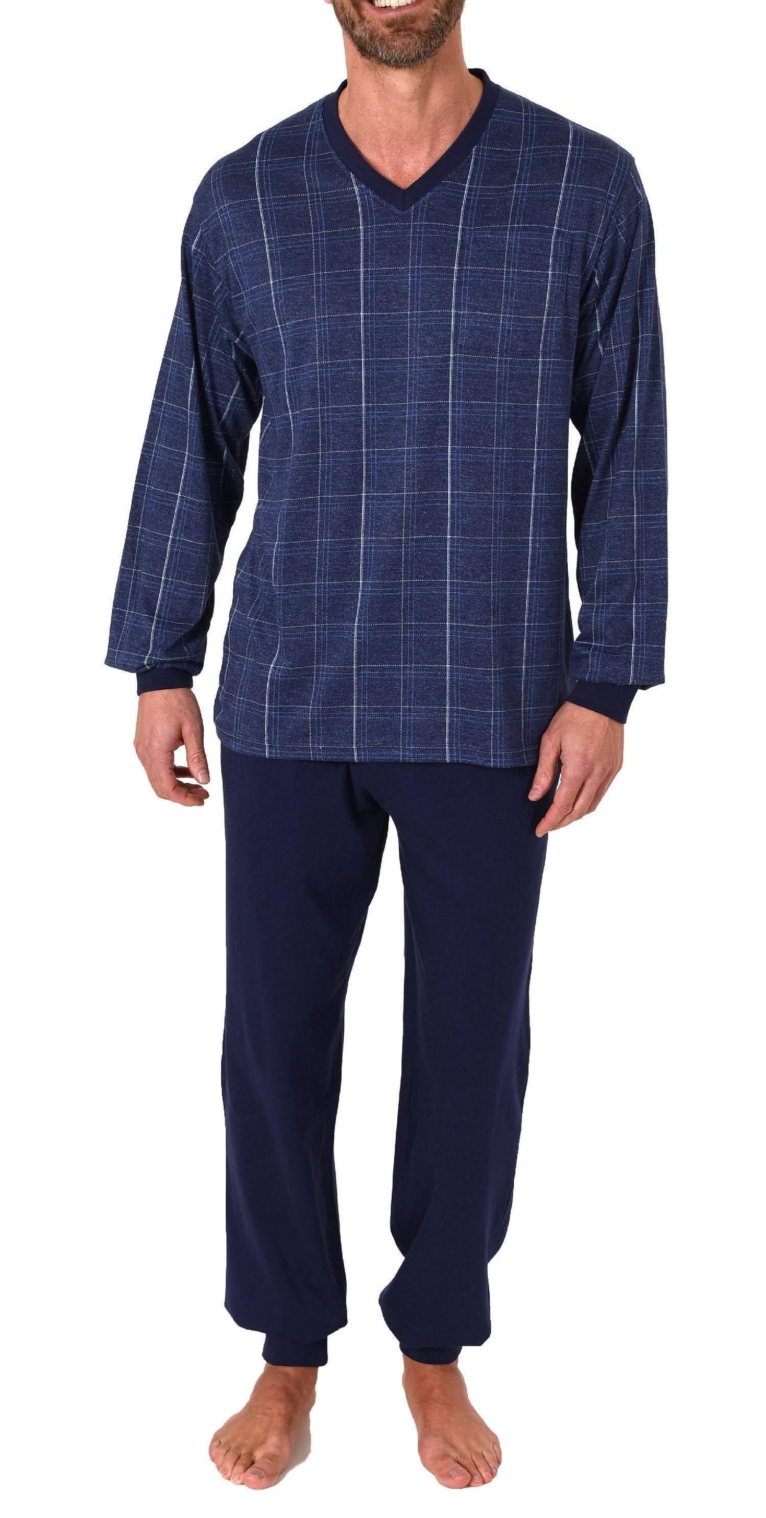 Pyjama Herren Schlafanzug langarm mit Bündchen in Karo Optik - 212 409