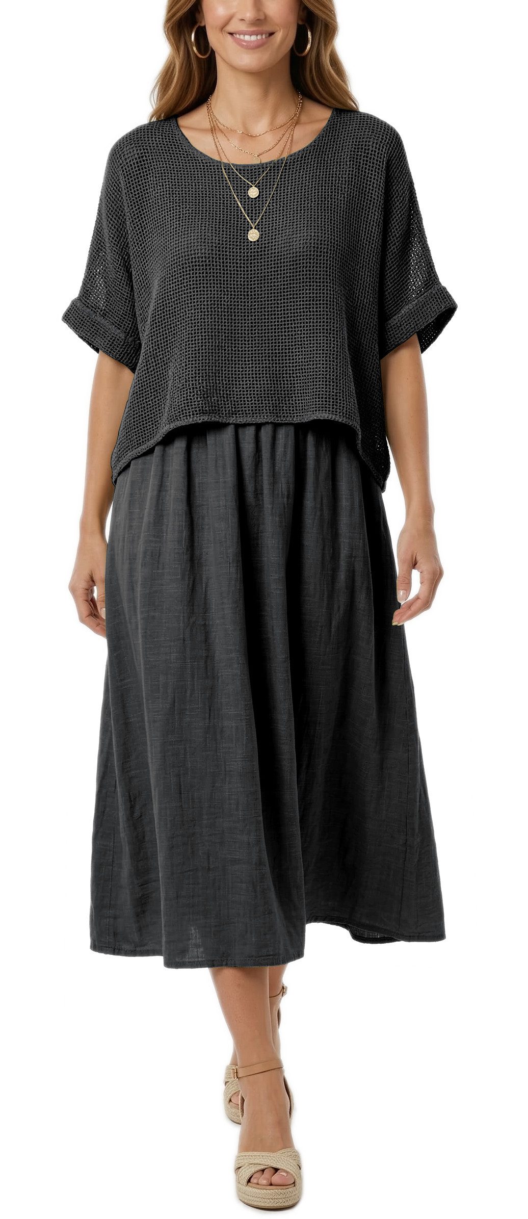 dy_mode Sommerkleid Damen Sommerkleid Midikleid in Zweiteiler-Optik Lagenlook Kleid in Unifarben, Zweiteiler-Optik