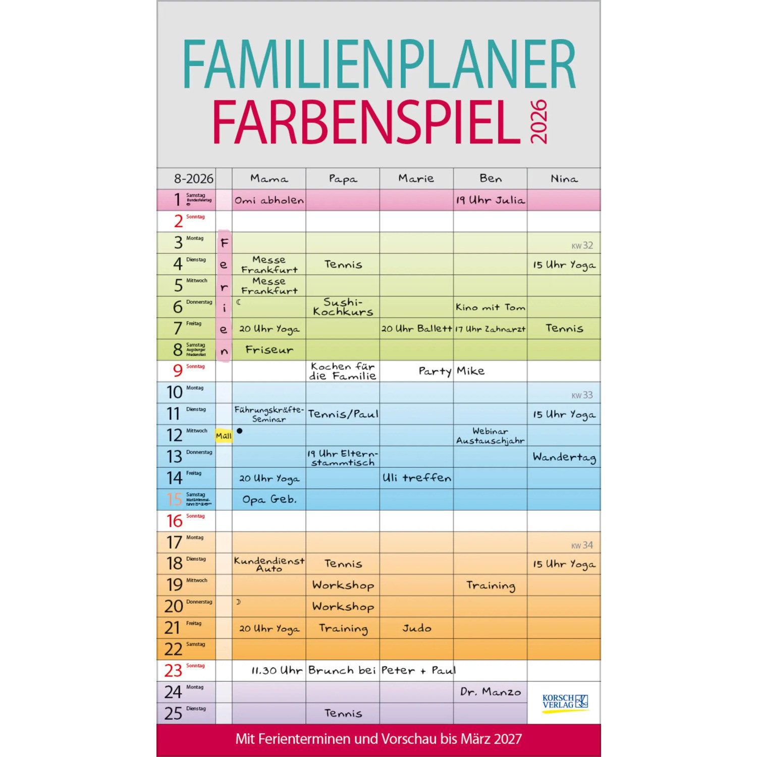 Korsch Verlag Wandkalender Familienplaner Farbenspiel 2026