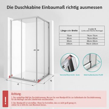 GOEZES Eckdusche Duschkabine 75x90 100x100 90x80 80x80 90x90 75x75 H:185cm, BxT: 75x90 cm, 5mm Sicherheitsglas, Eckeinstieg Dusche mit schiebetüren, Variabel Aluprofil, Schnellfreigabefunktion, Links und Recht montierbar