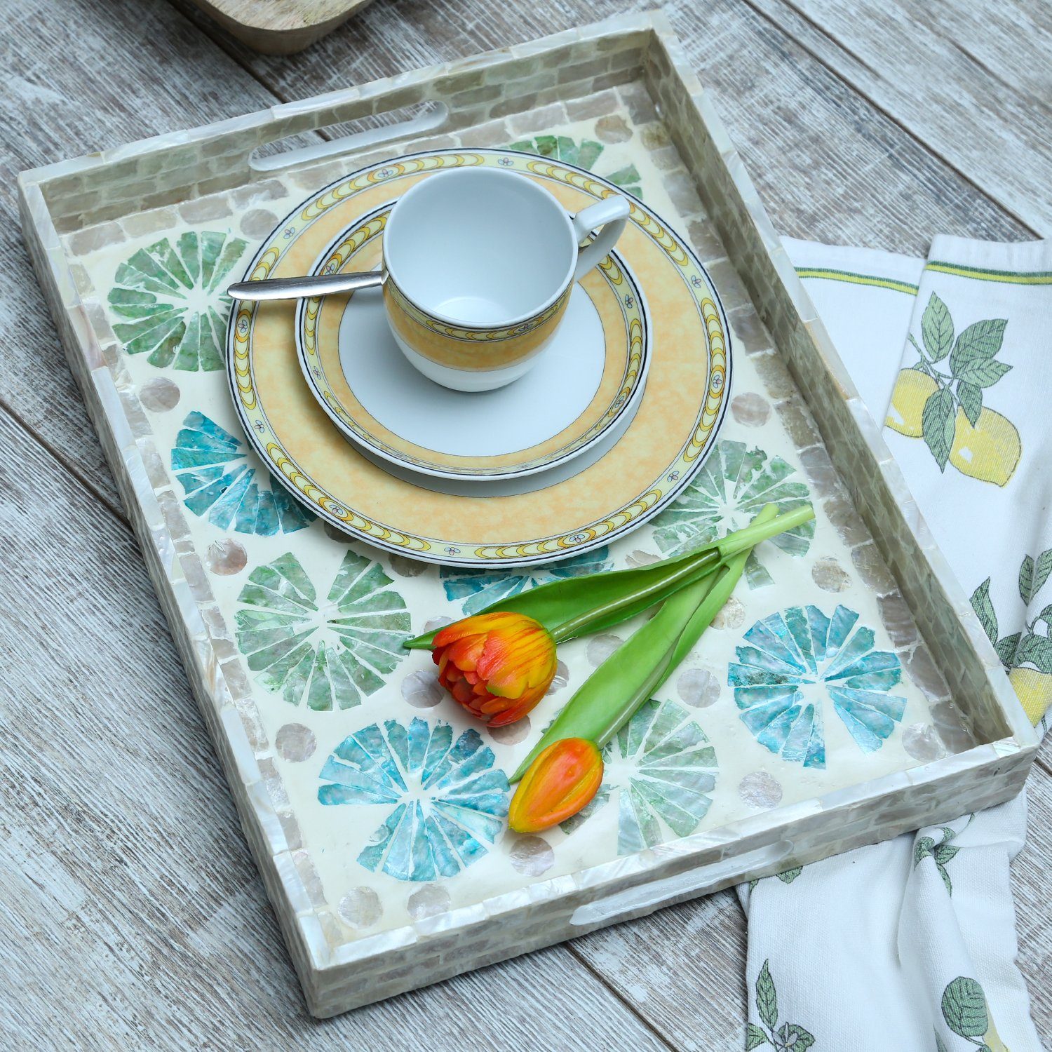 MARELIDA Dekotablett Tablett Dekotablett mediterran Perlmutt-Schimmer Serviertablett Blumen