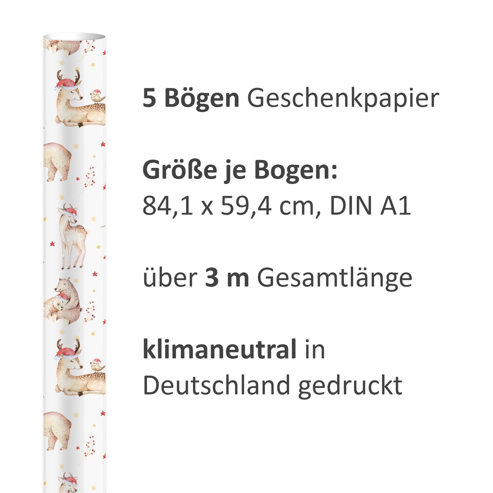 5 Tiere Bögen Weihnachten Packpapier Geschenkpapier, nikima