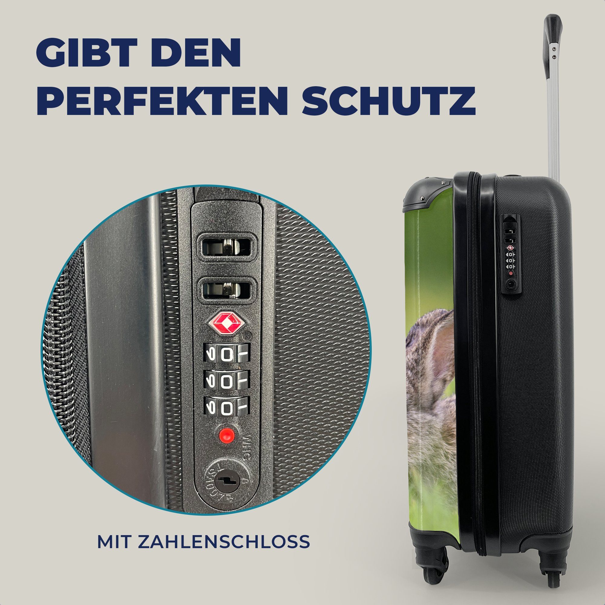 MuchoWow Handgepäckkoffer Kaninchen - Baby - Gras, 4 Rollen, Reisetasche mit rollen, Handgepäck für Ferien, Trolley, Reisekoffer